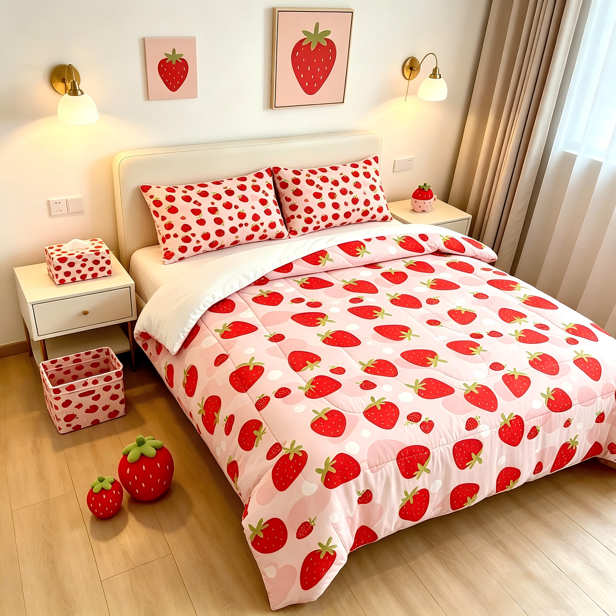 Liveonus Cute Pink Strawberry Print 3 Pieces Soft Lightweight Comforter Bedding Set