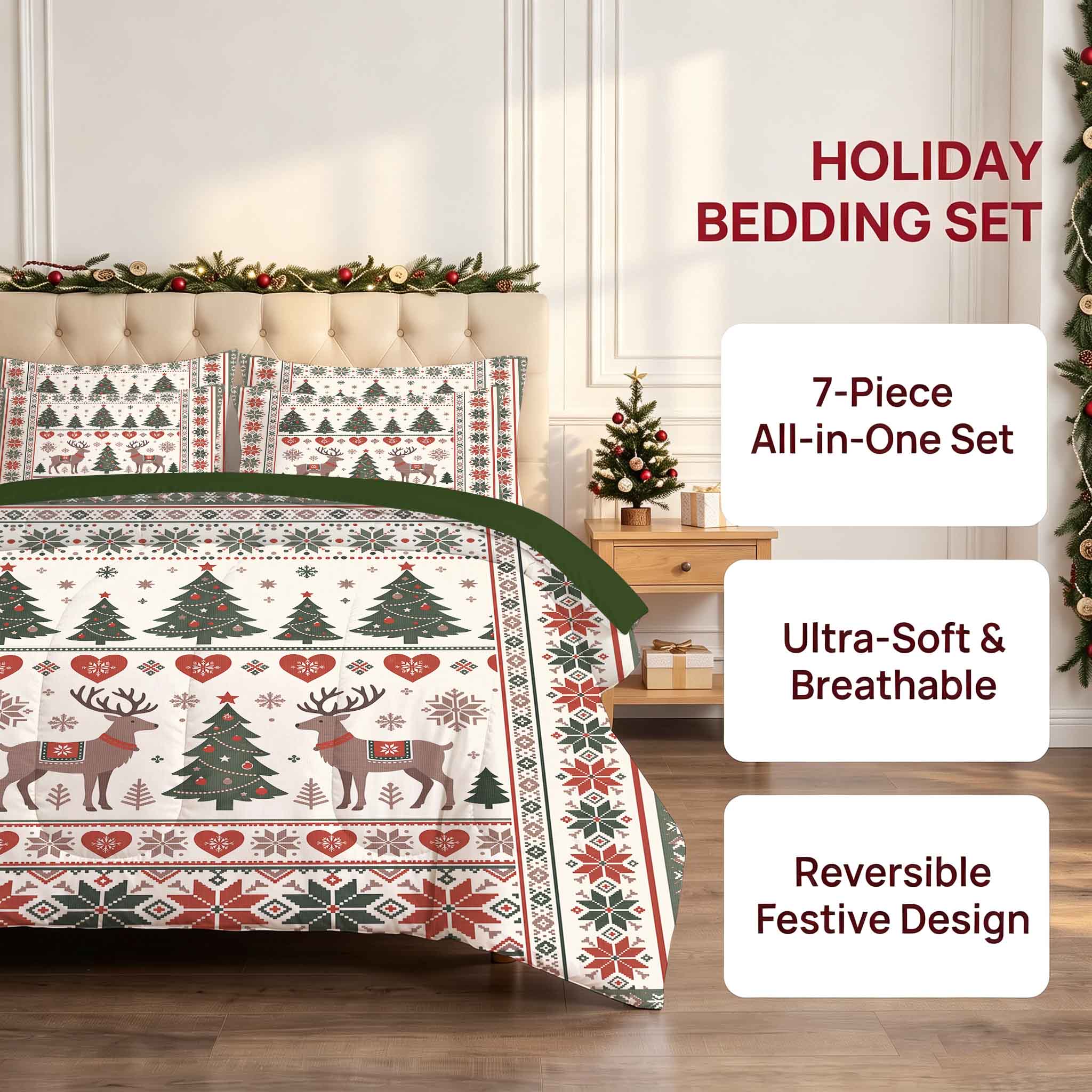 7-Piece Vintage Christmas Reindeer Comforter Set