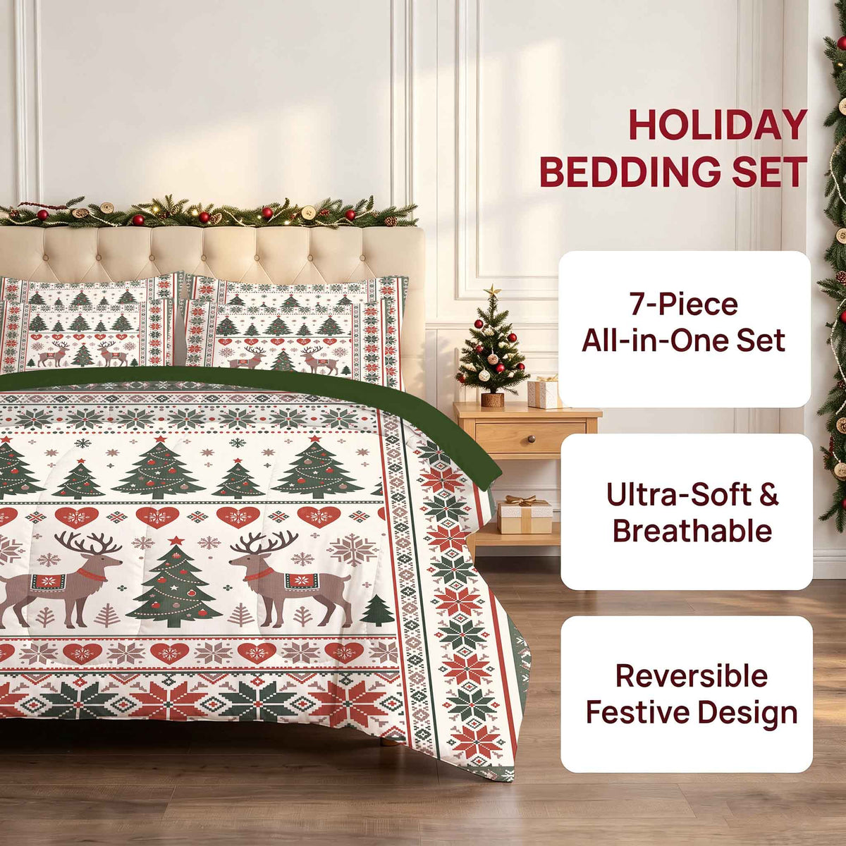 7-Piece Vintage Christmas Reindeer Comforter Set