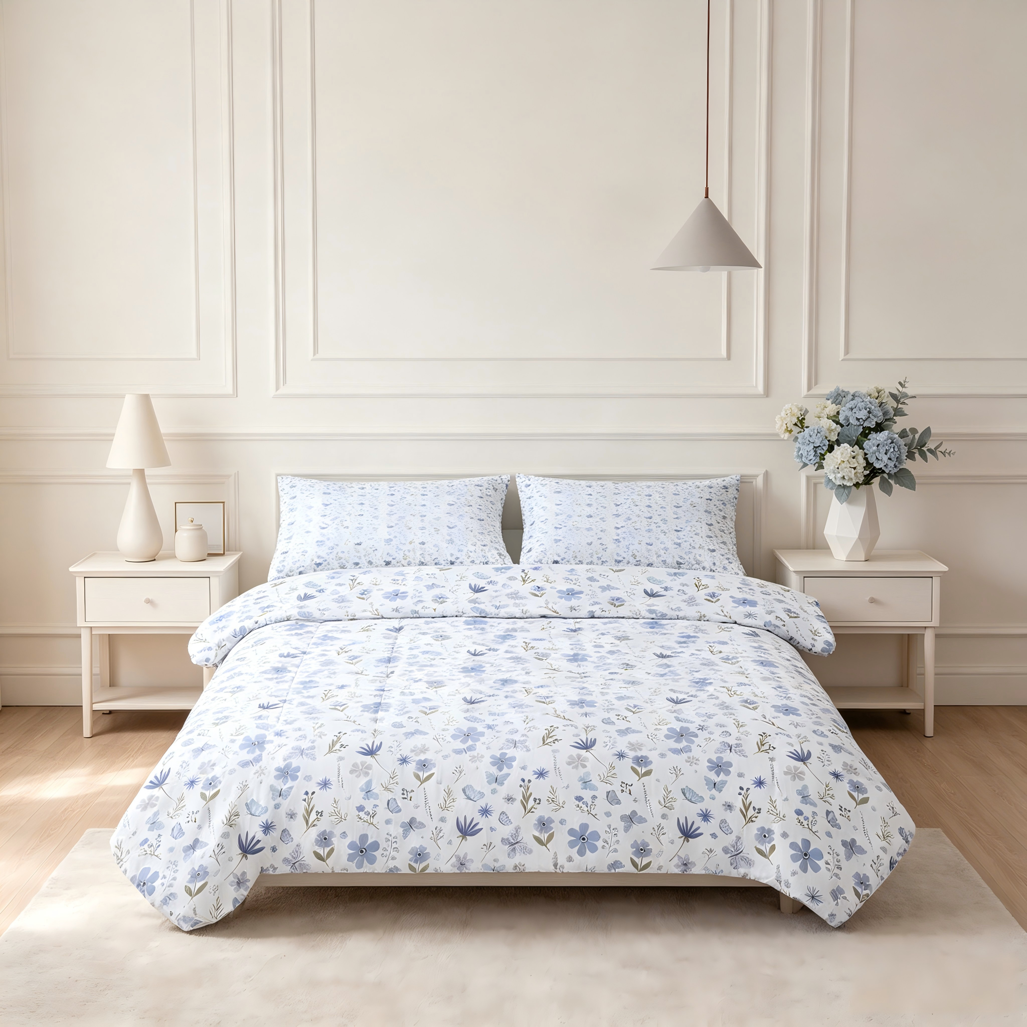 Liveonus Soft Lightweight Blue Butterfly Floral Comforter 3Pcs Bedding Set