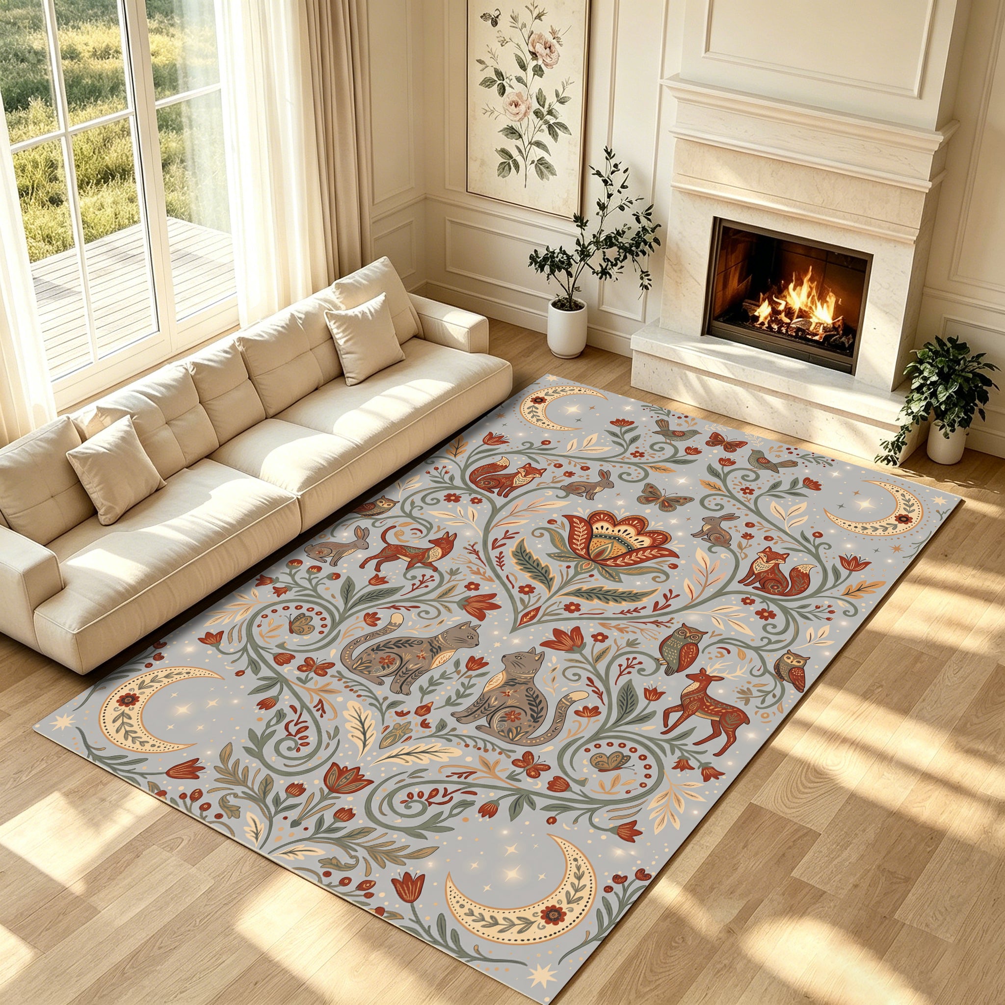 Liveonus Folk Art Forest Animal Moon Floral Washable Area Rug
