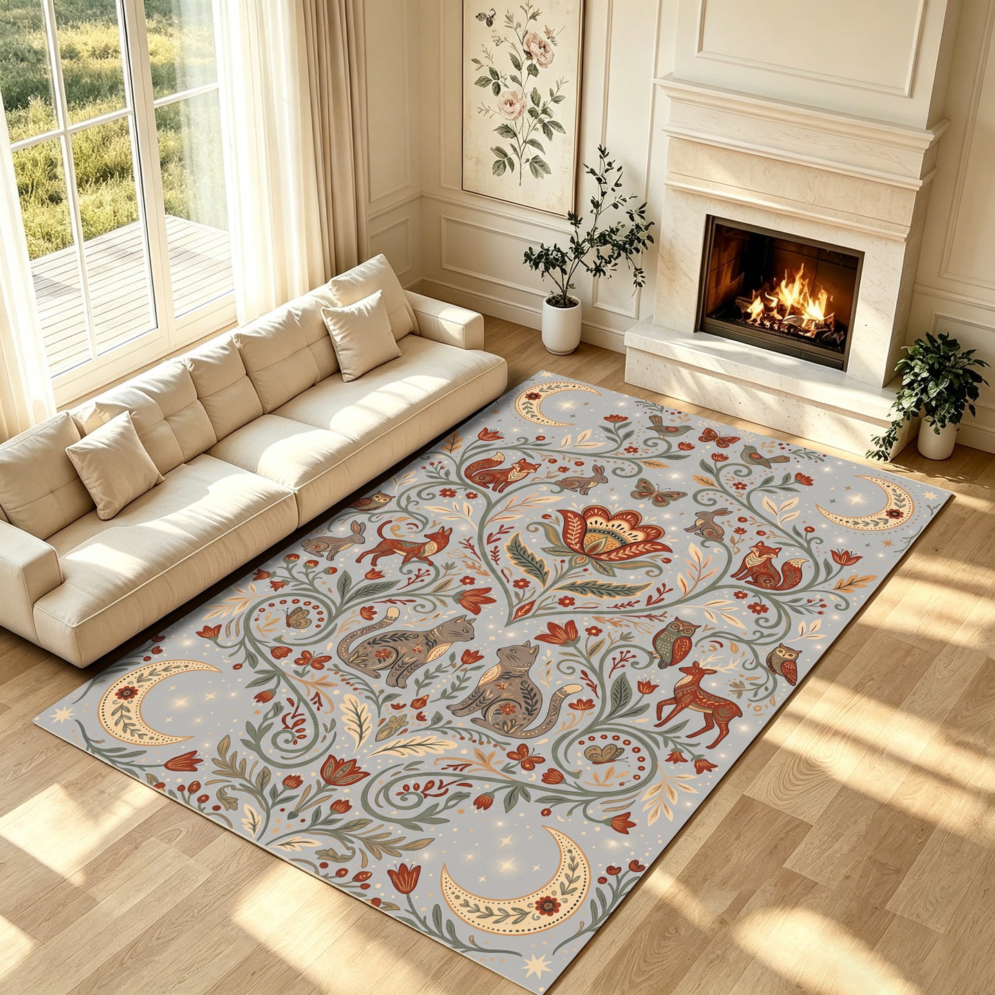 Liveonus Folk Art Forest Animal Moon Floral Washable Area Rug