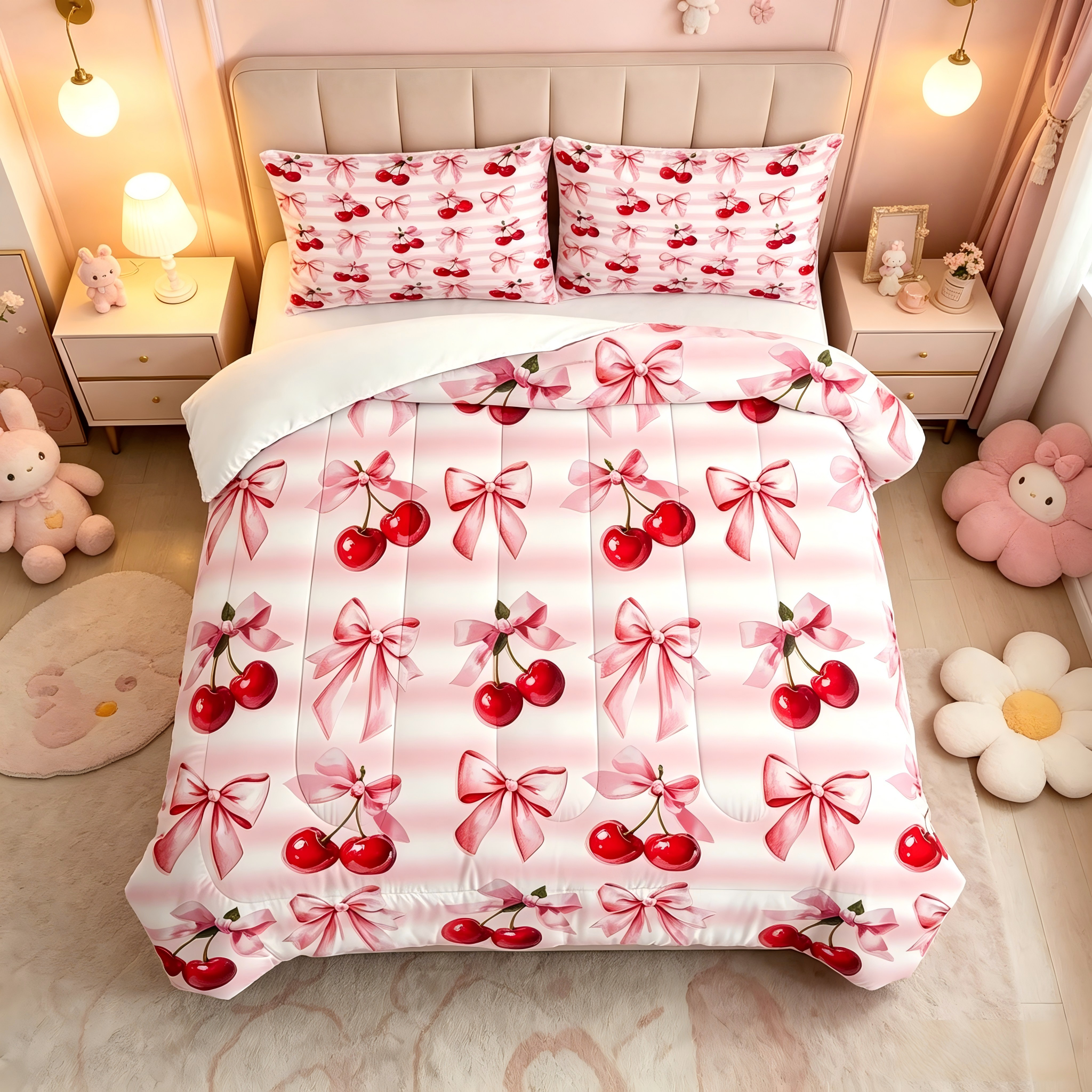 Liveonus 3 Pieces Pink Cherry Kawaii Bowknot Princess Comforter Set