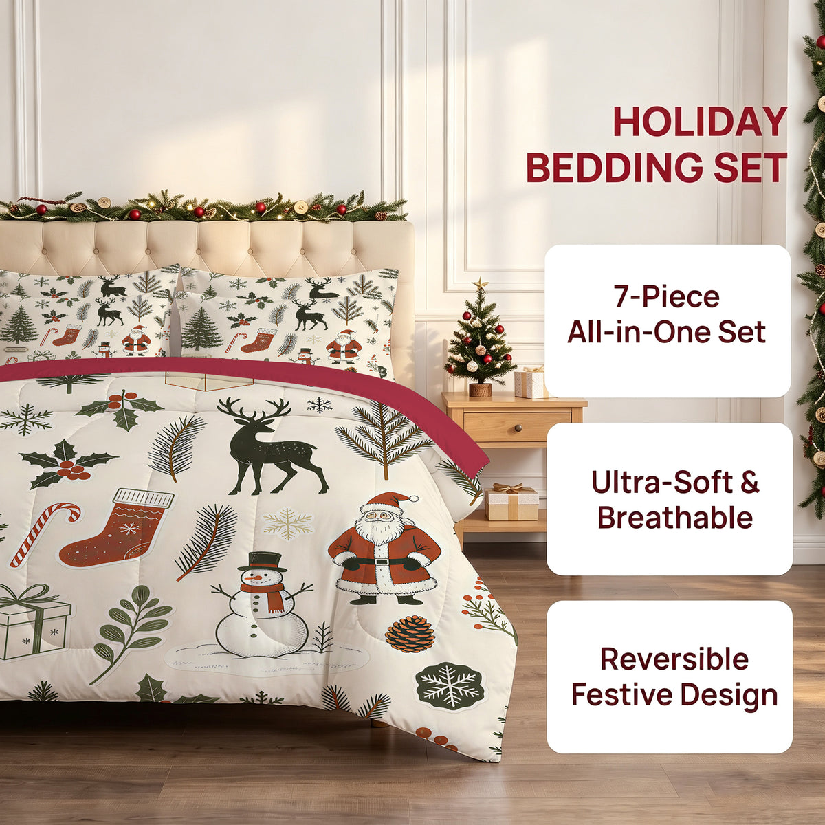 7 Pieces Cute Christmas Soft Lightweight Comforter Set