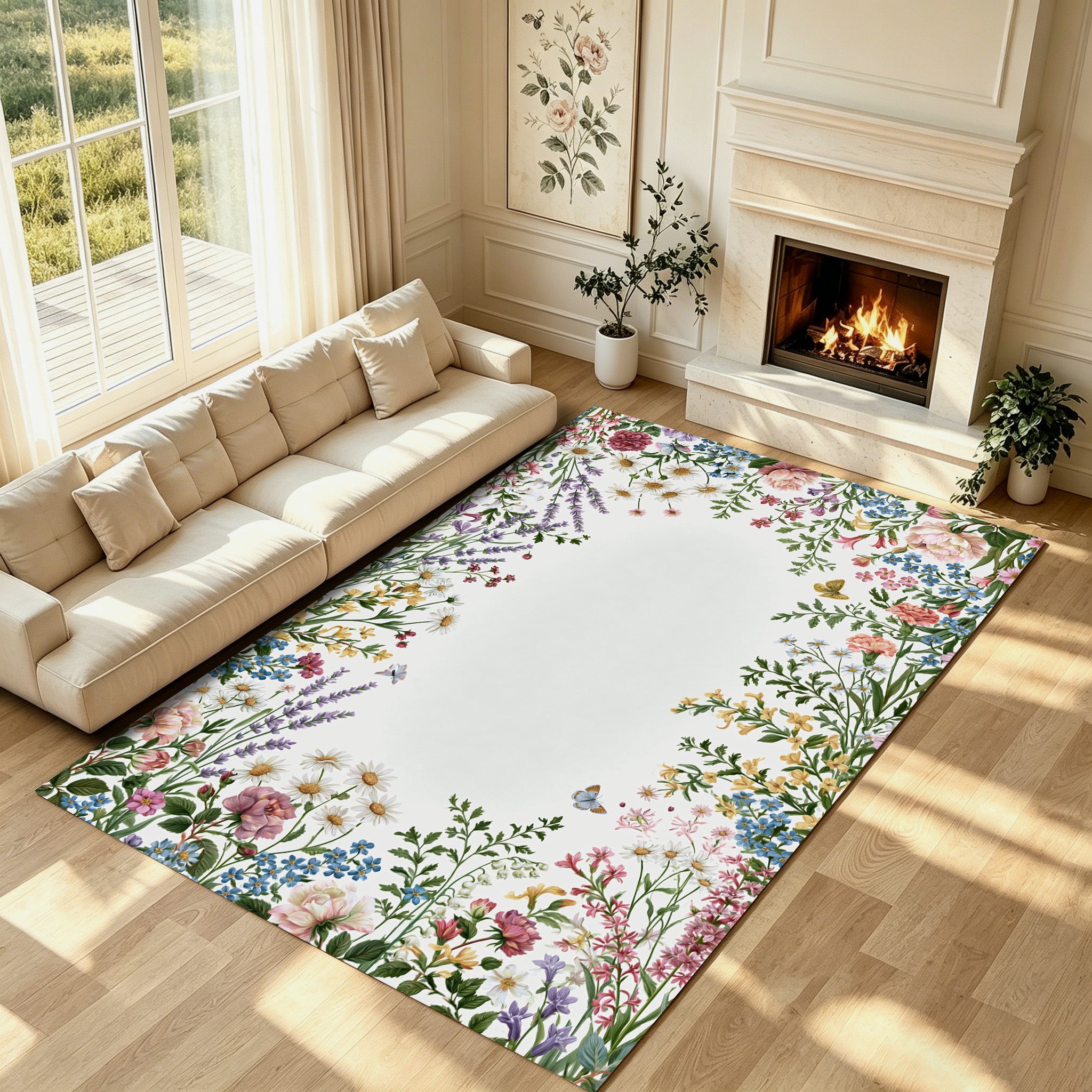 Liveonus Vintage Wildflower Floral Border Non‑Slip Area Rug