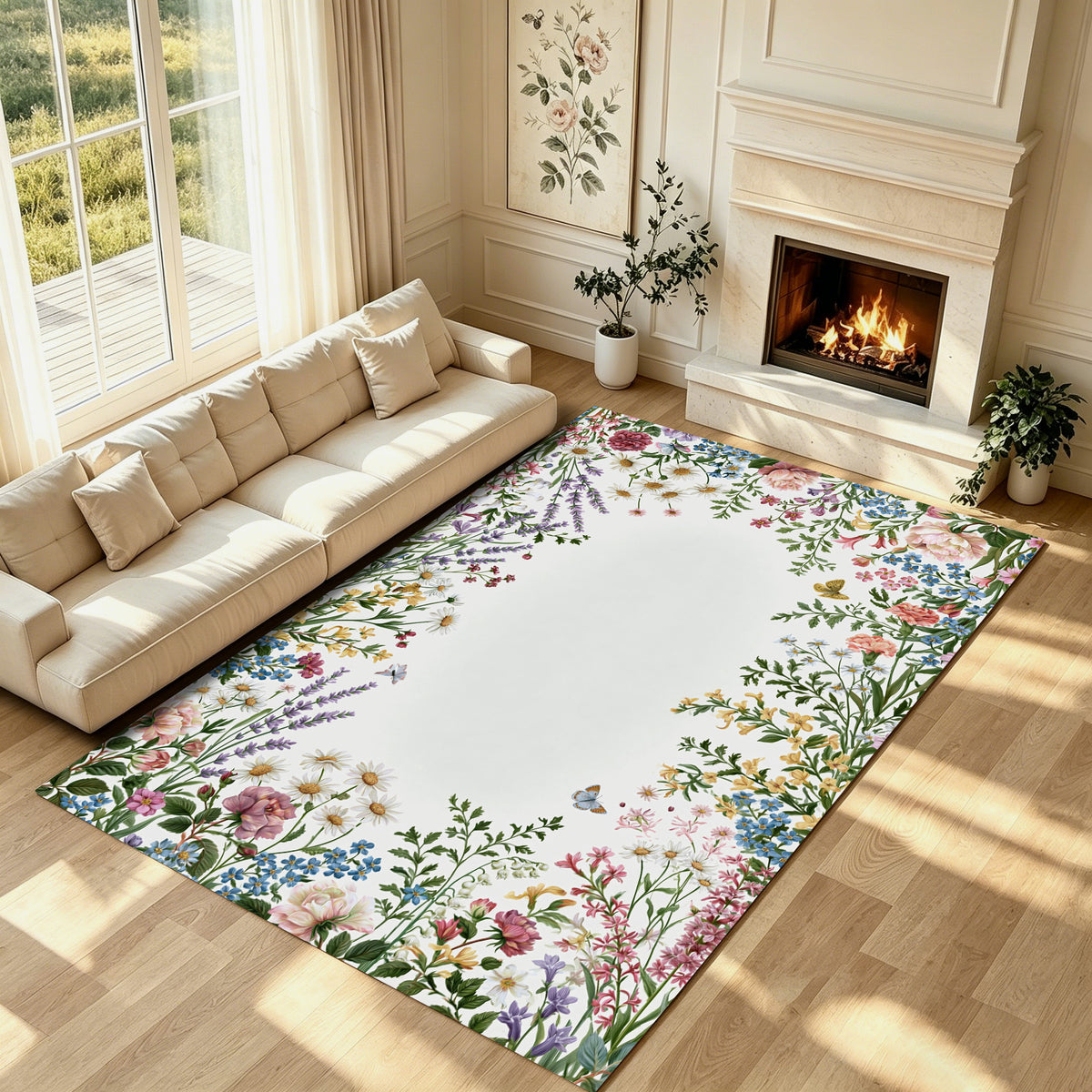 Liveonus Vintage Wildflower Floral Border Non‑Slip Area Rug