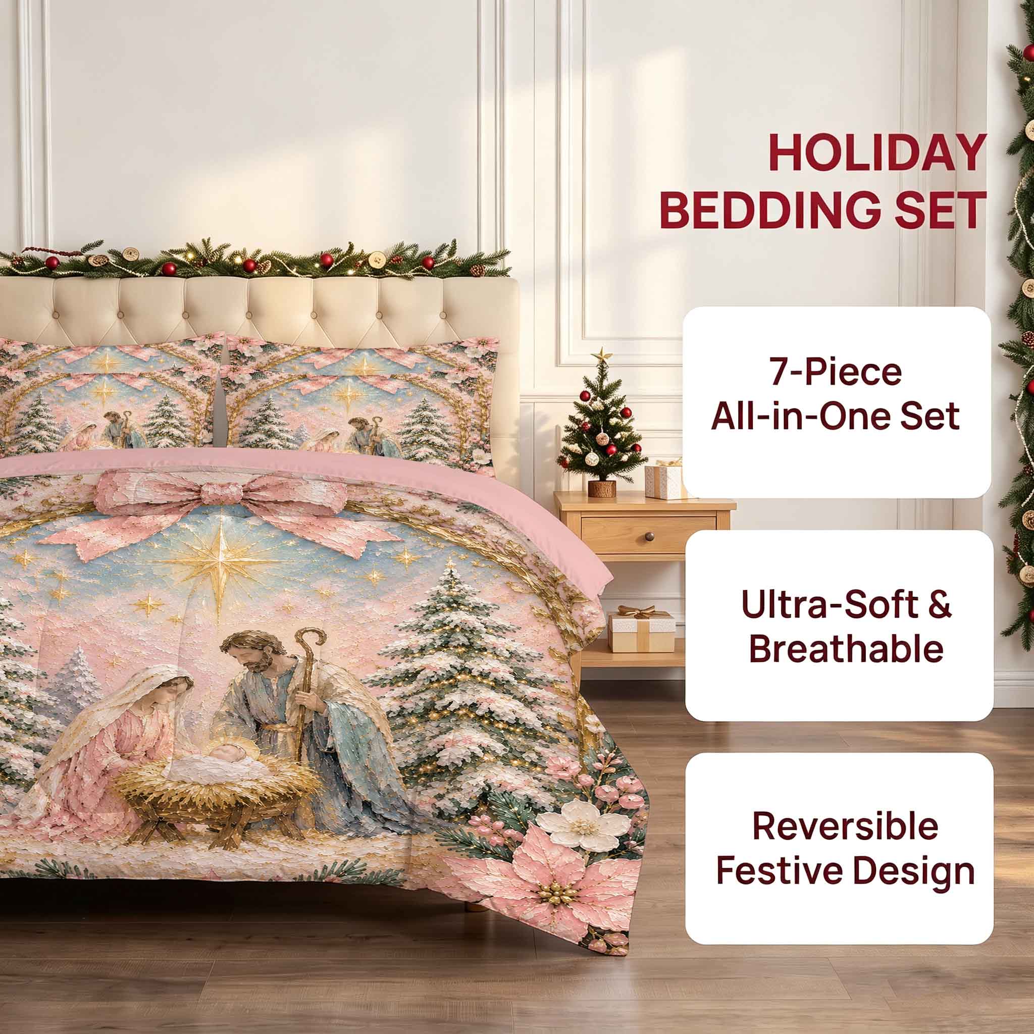 7 Pieces Pink Christmas Nativity Scene Bed in a Bag Bedding Set