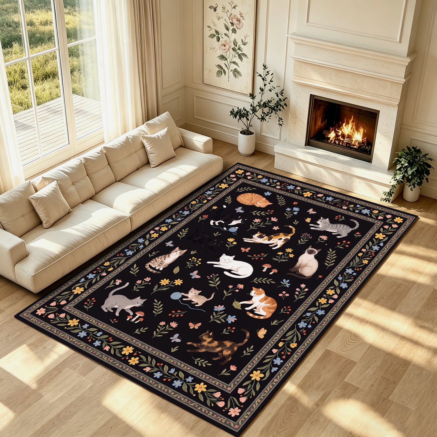 Liveonus Cute Cartoon Cat Floral Washable Area Rug