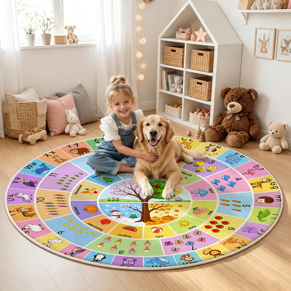 Round Colorful Alphabet Number Kids Area Rug