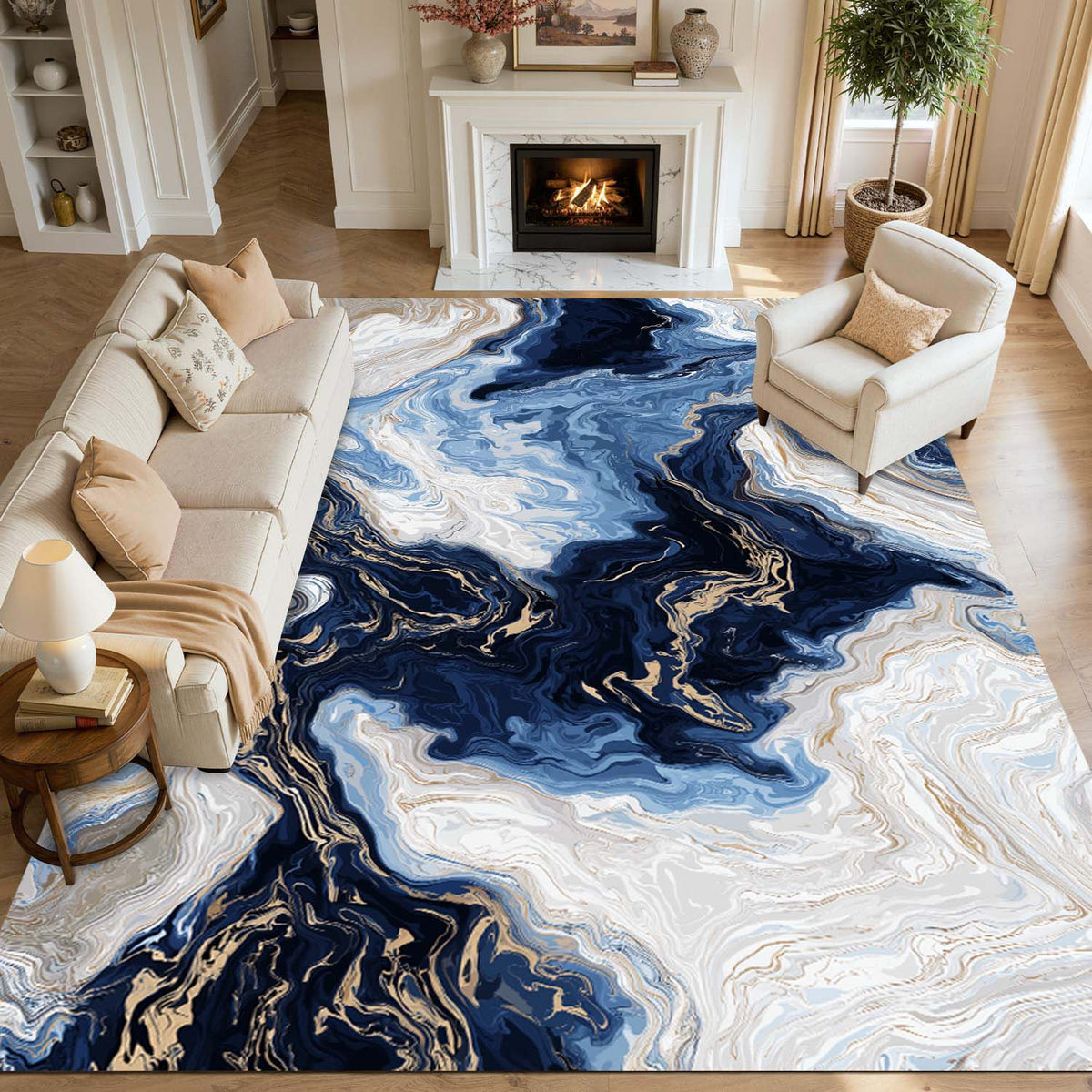 Marble Swirl Fluid Abstract Gold Vein Non‑Slip Area Rug