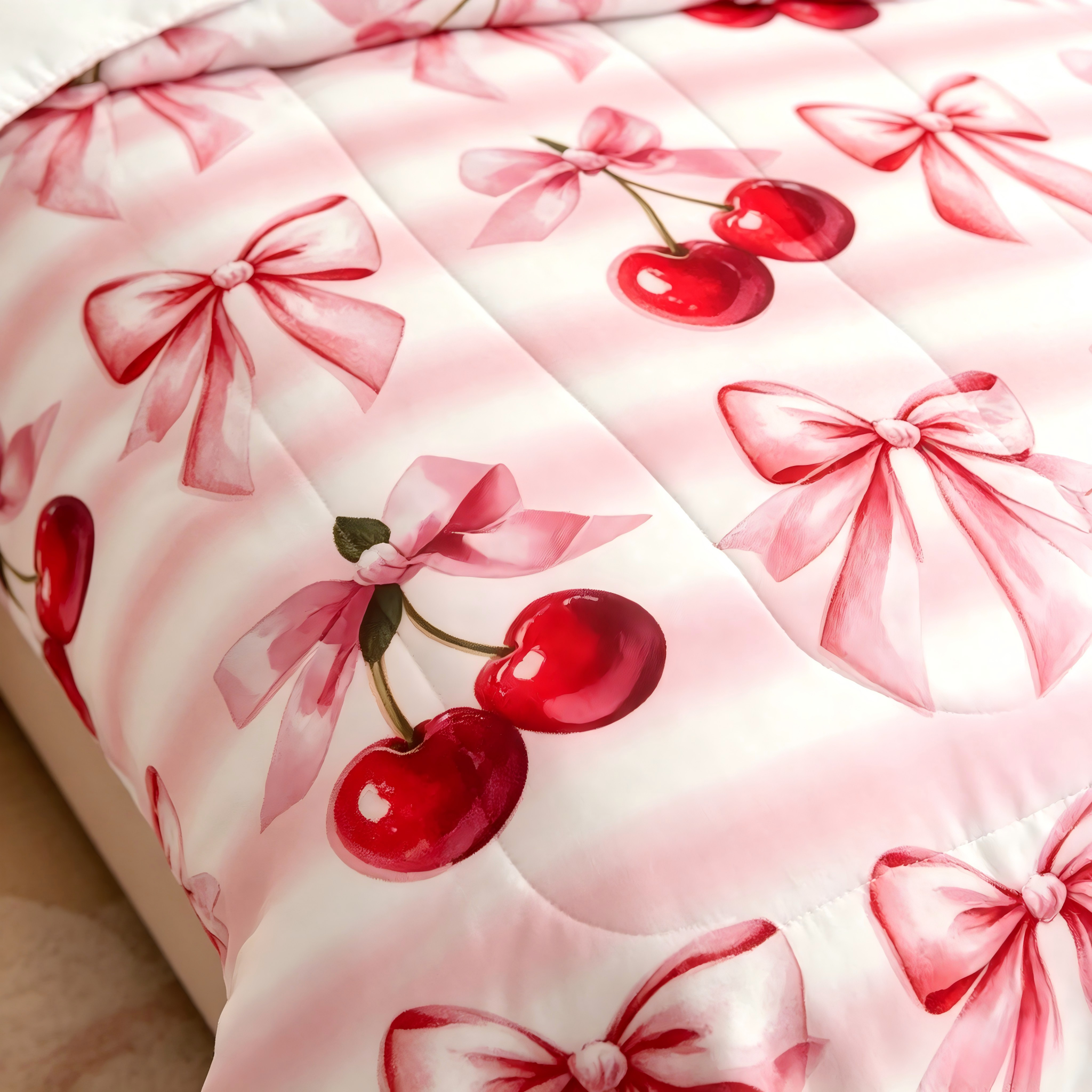 Liveonus 3 Pieces Pink Cherry Kawaii Bowknot Princess Comforter Set