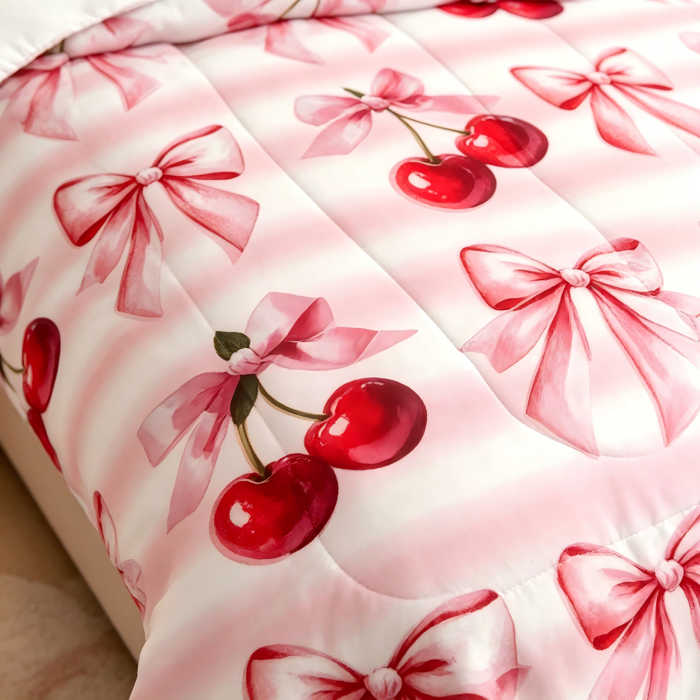 Liveonus 3 Pieces Pink Cherry Kawaii Bowknot Princess Comforter Set