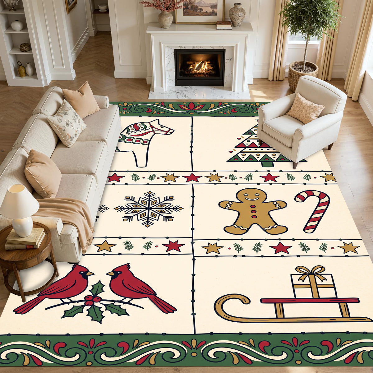 Liveonus Washable Christmas Area Rug for Home Holiday Decor – Gingerbread man, snowflake, and cardinal illustrations