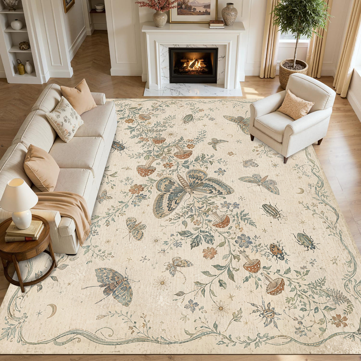 Vintage Floral & Butterfly Botanical Non Slip Washable Area Rug – Cream base, muted blues greens, living room