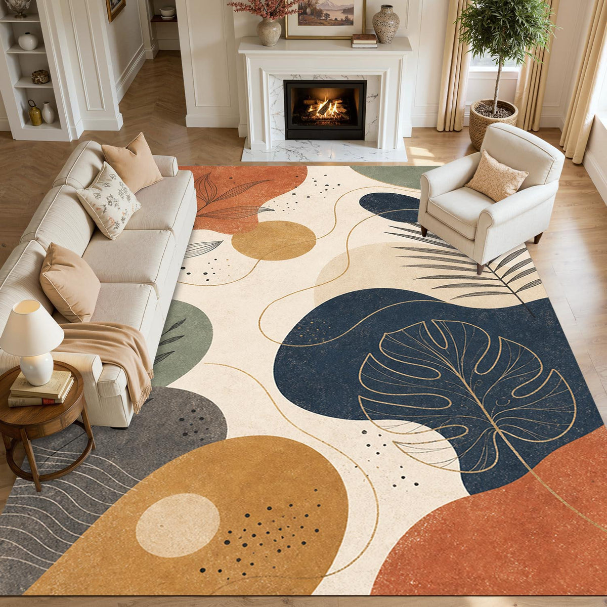 Boho Abstract Leaf Color Block Non-Slip Area Rug