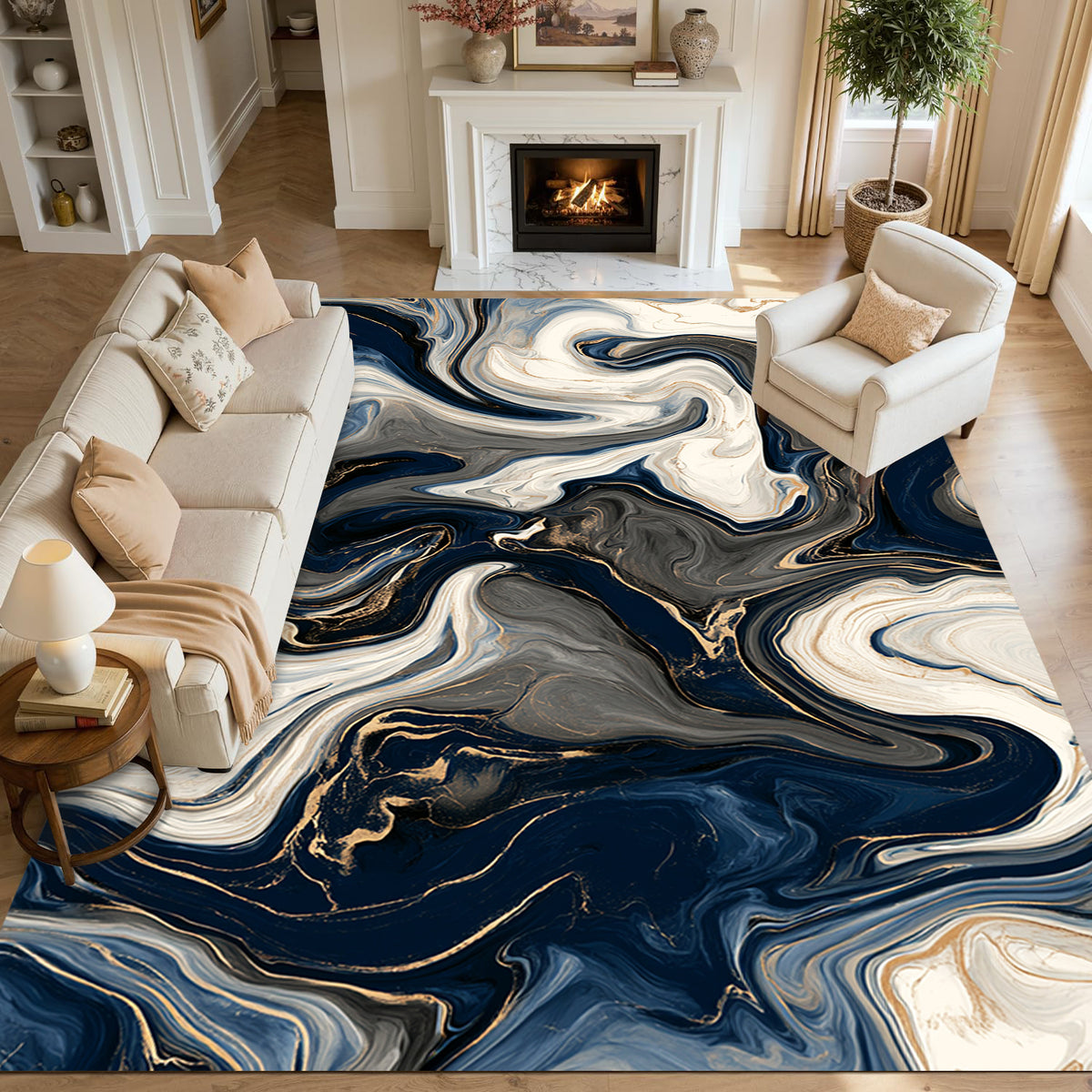 Marble Swirl Fluid Abstract Gold Vein Non‑Slip Area Rug