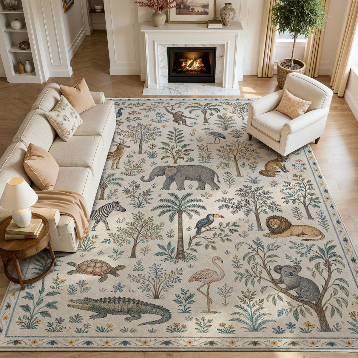 Vintage Animal Non Slip Washable Area Rug – Safari animal botanical pattern blue neutral tones