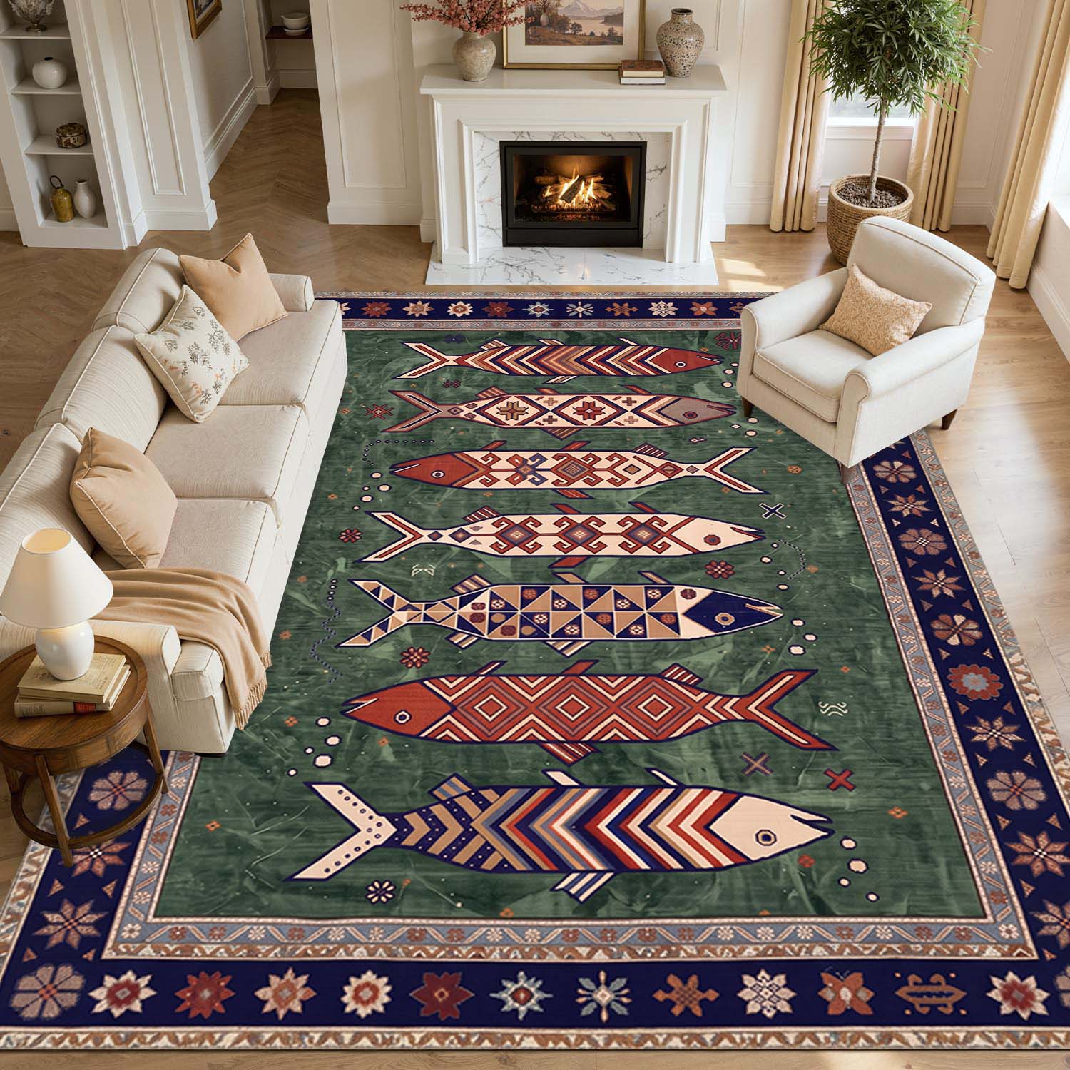 Vintage Boho Fish Non Slip Washable Area Rug