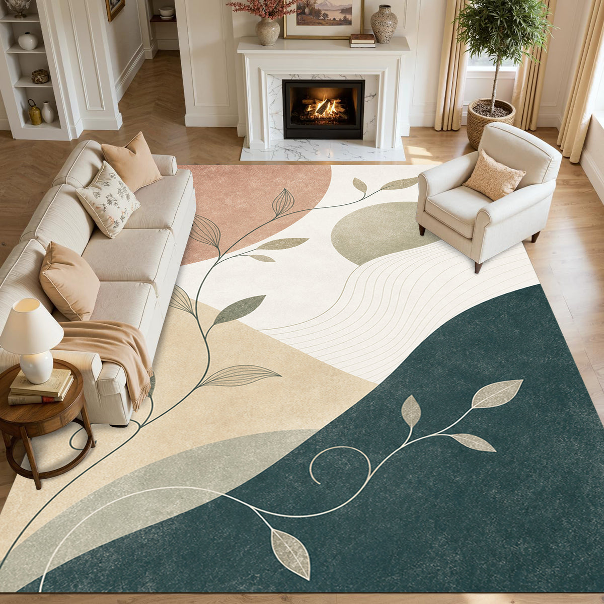 Boho Abstract Leaf Color Block Non-Slip Area Rug – Teal, beige, and peach abstract waves