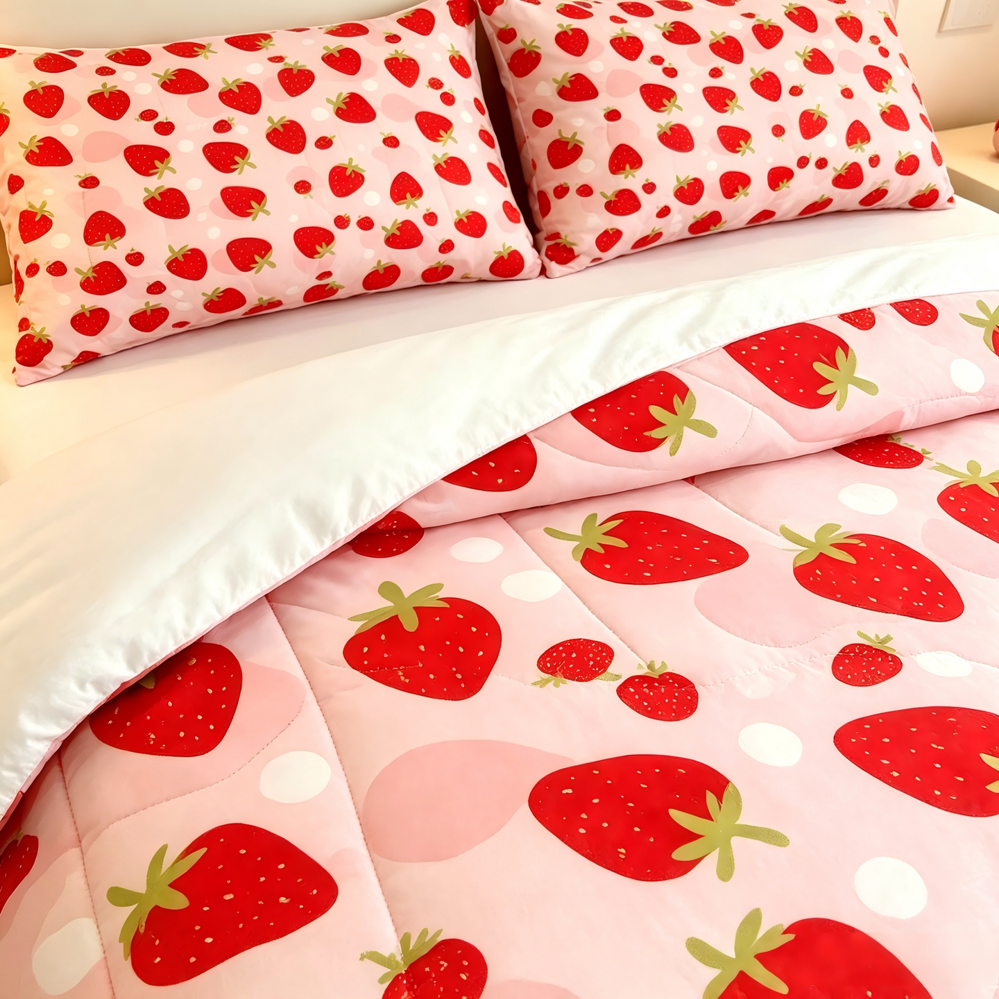 Liveonus Cute Pink Strawberry Print 3 Pieces Soft Lightweight Comforter Bedding Set