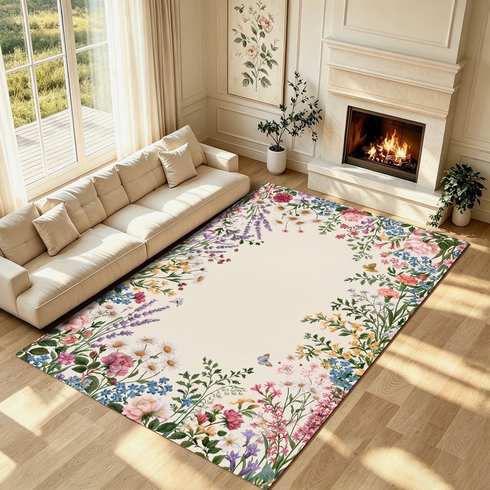Liveonus Vintage Wildflower Floral Border Non‑Slip Area Rug