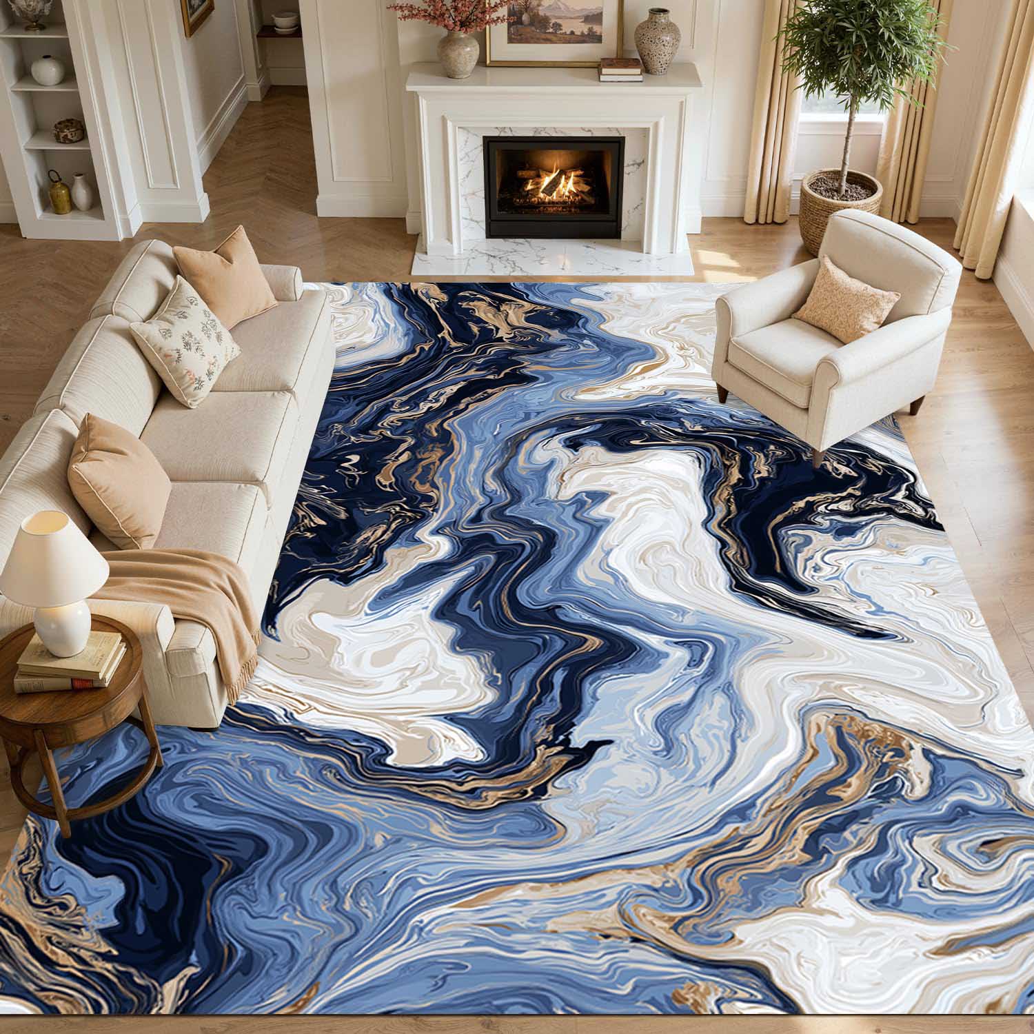 Marble Swirl Fluid Abstract Gold Vein Non‑Slip Area Rug
