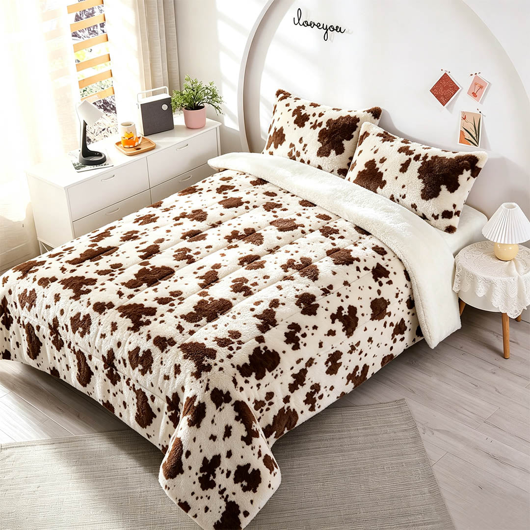 3 Piece Soft Cow Print Plush Comforter Set for Fall & Winter