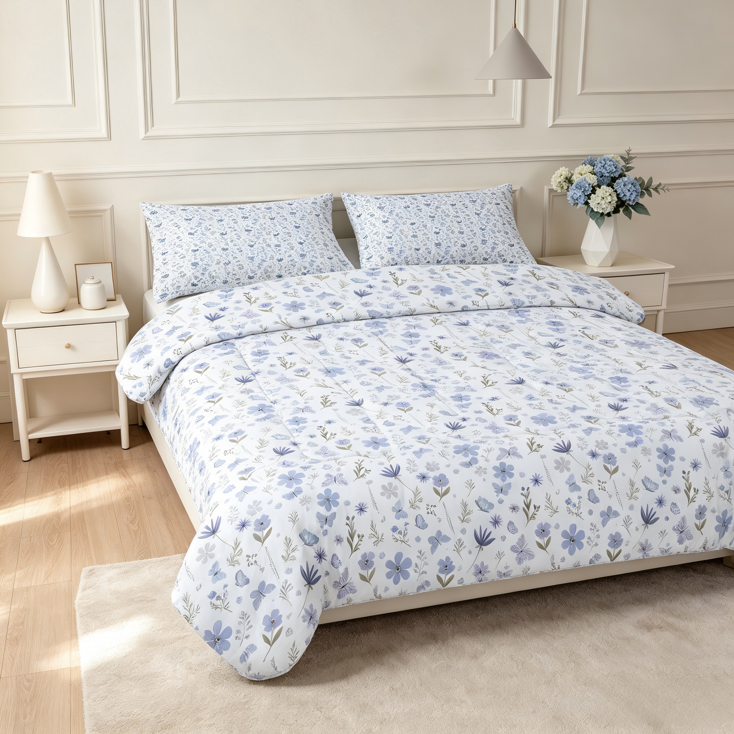 Liveonus Soft Lightweight Blue Butterfly Floral Comforter 3Pcs Bedding Set