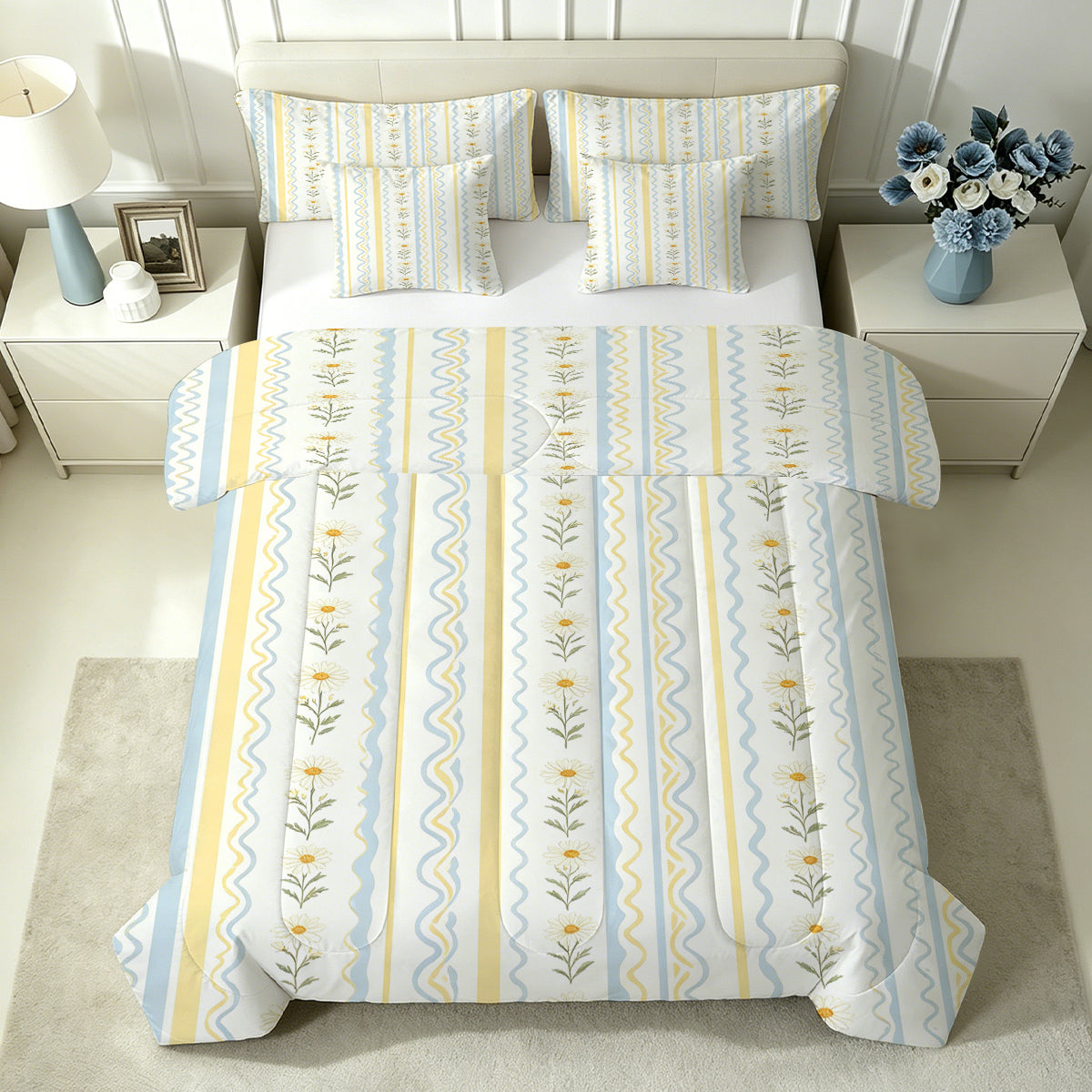 Liveonus 7pc Pastel Daisy Wavy Stripe Complete Bed In A Bag Comforter Set