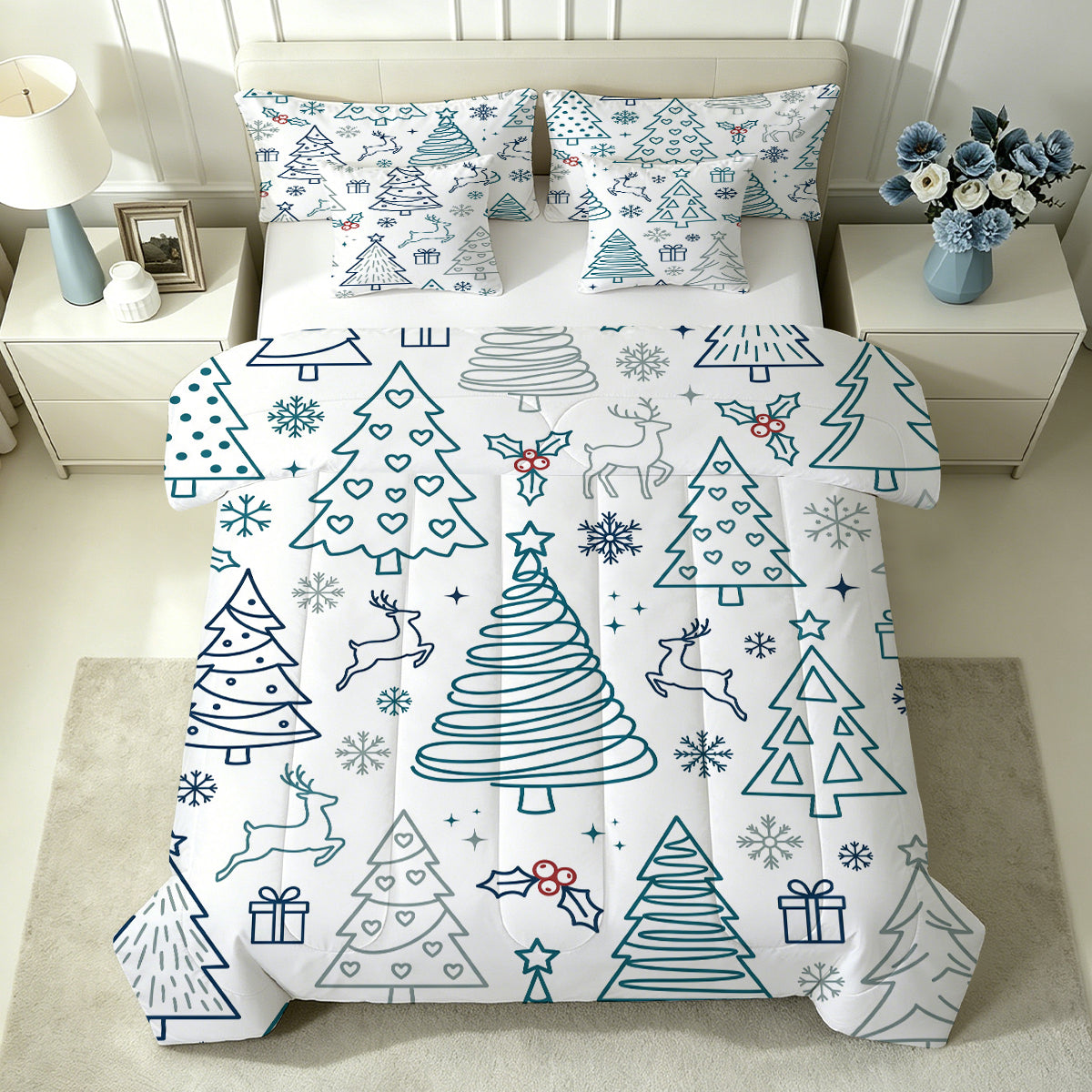 Liveonus 7pc Minimalist Line Art Christmas Tree Complete Bed In A Bag Comforter Set