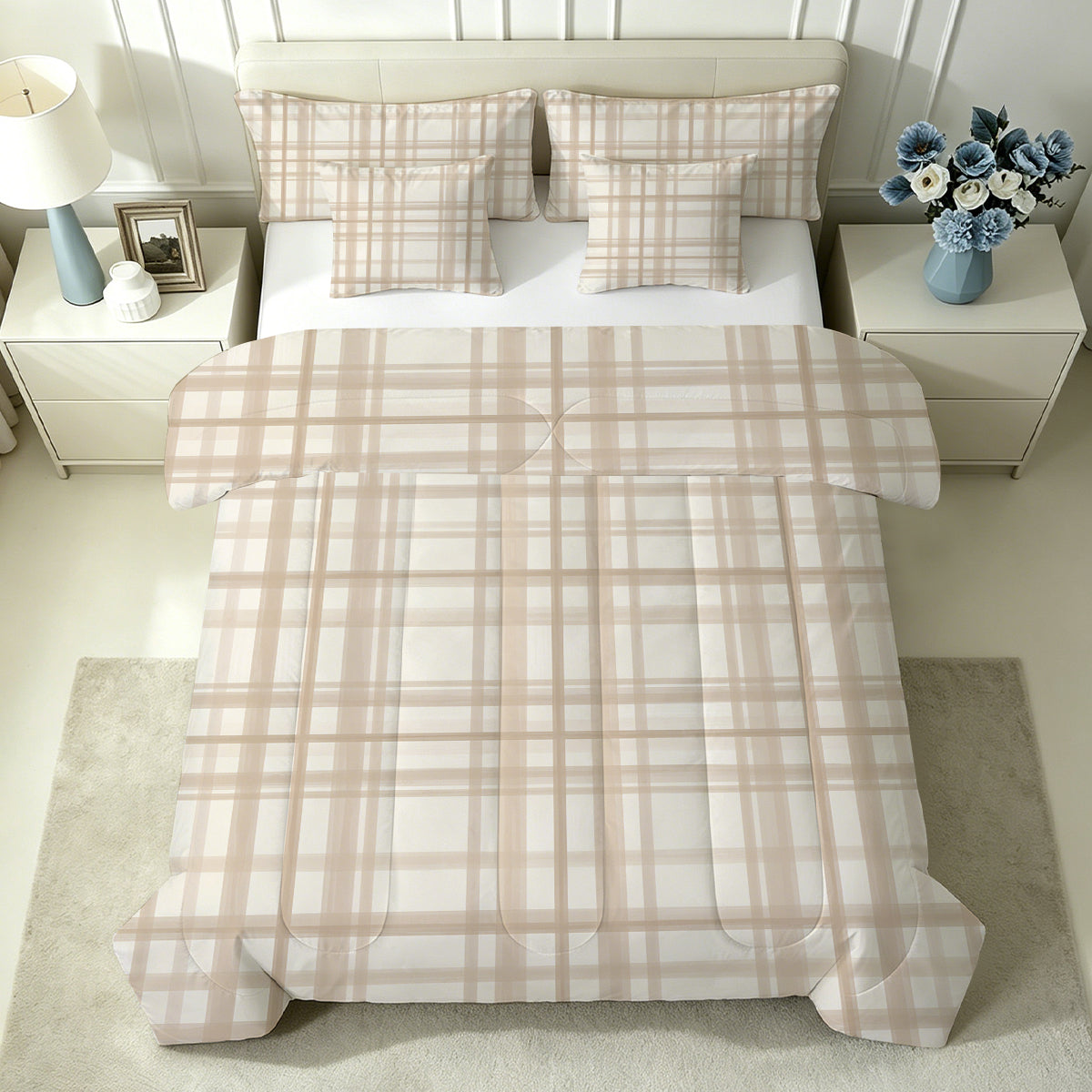 Liveonus 7pc Beige Neutral Plaid Comforter Set All Season Bedding