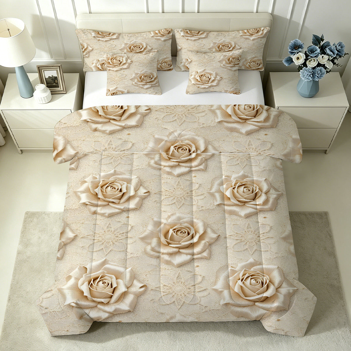 Liveonus 7pc Beige 3D Rose Lace Complete Bed In A Bag Comforter Set