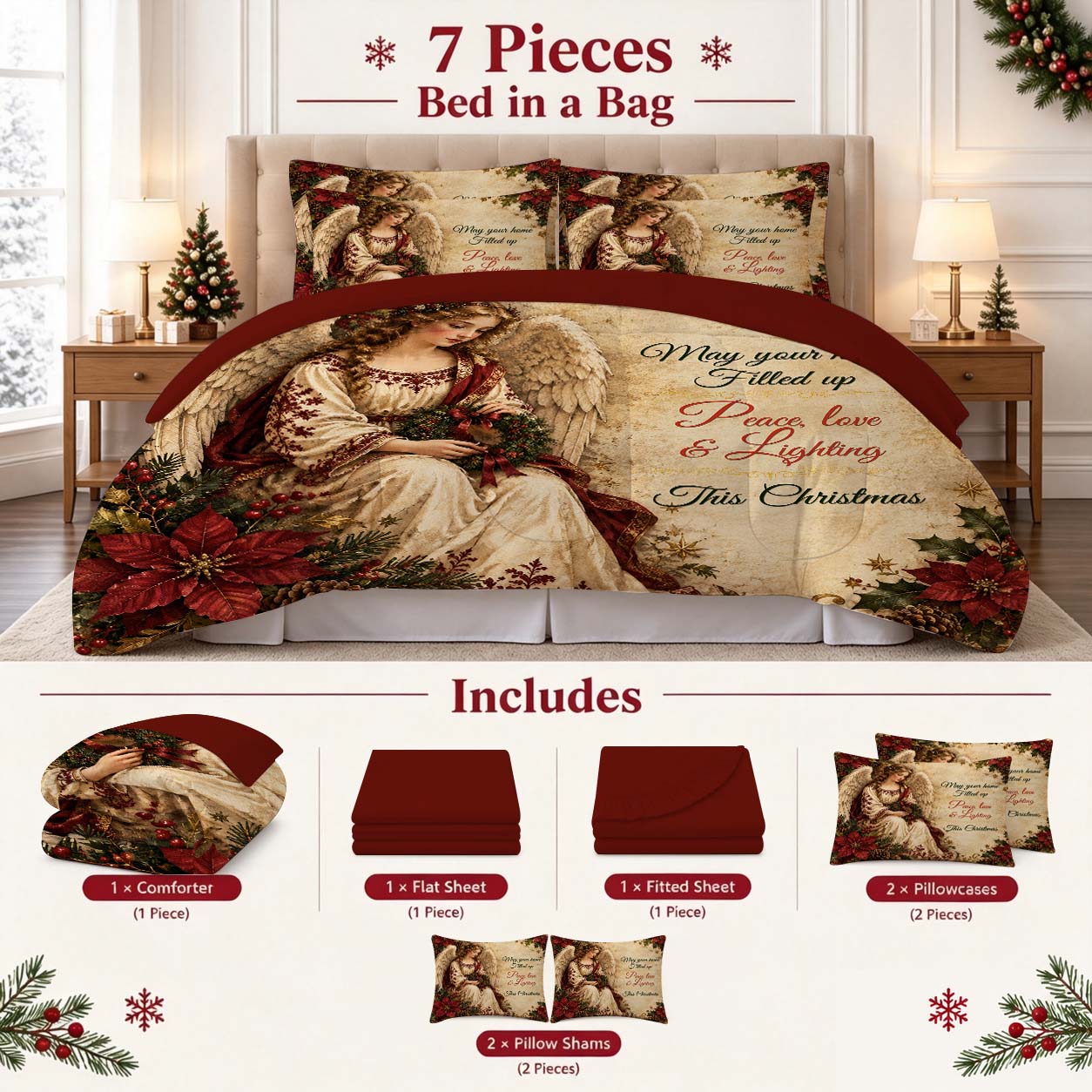7-Piece Vintage Christmas Angel Comforter Set