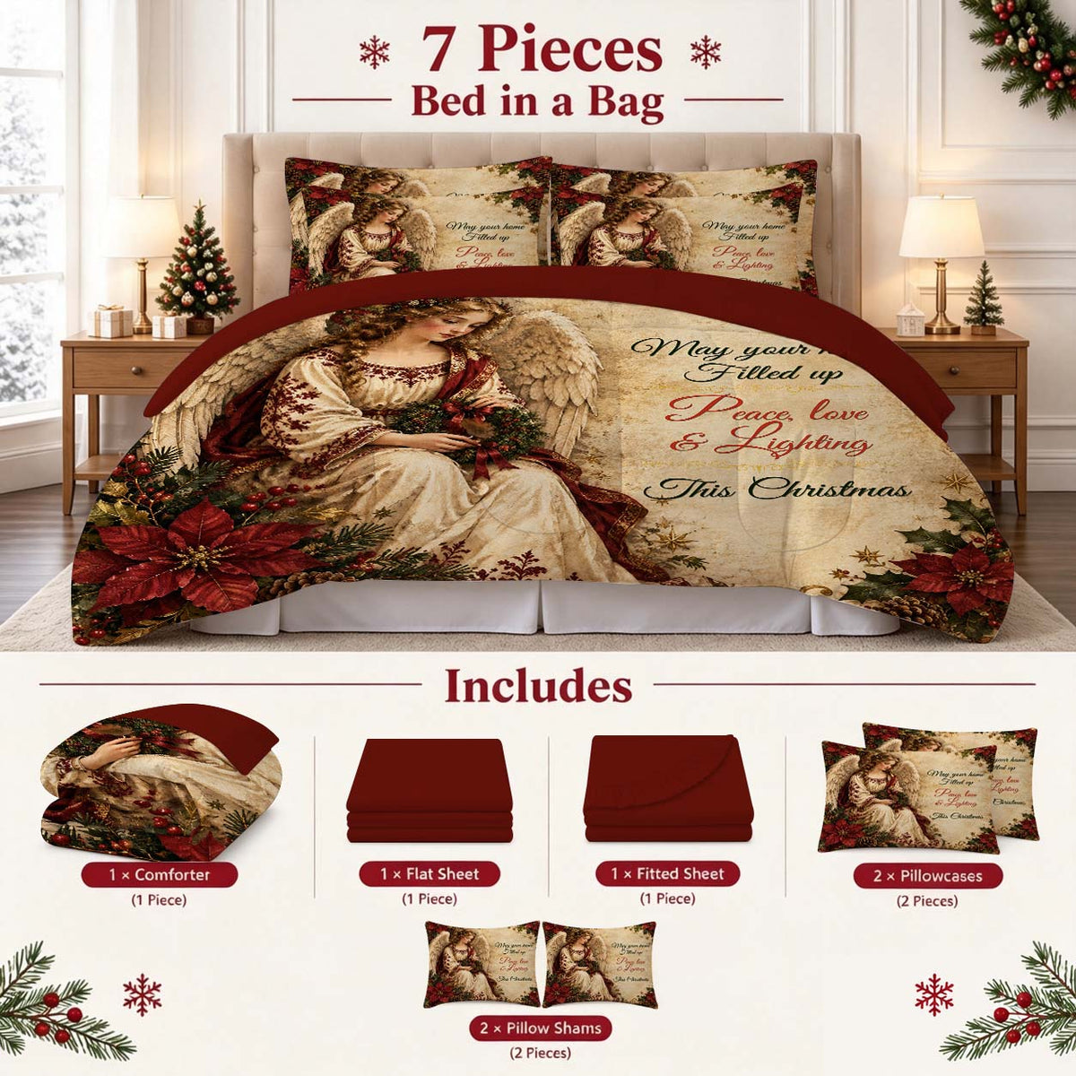 7-Piece Vintage Christmas Angel Comforter Set