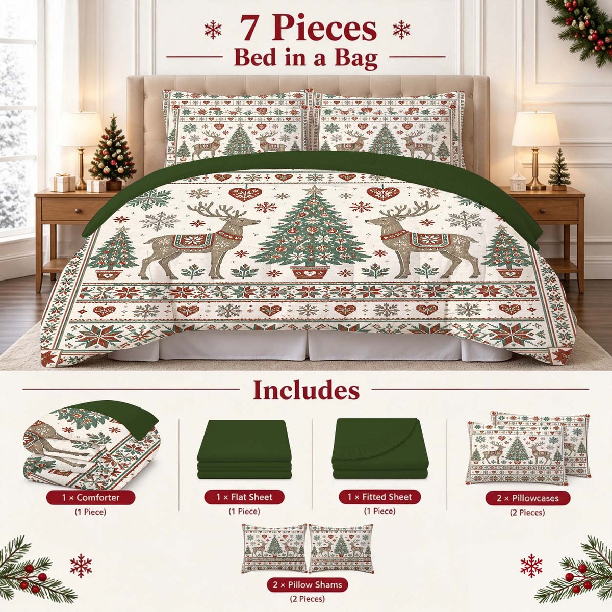 7-Piece Vintage Christmas Reindeer Comforter Set
