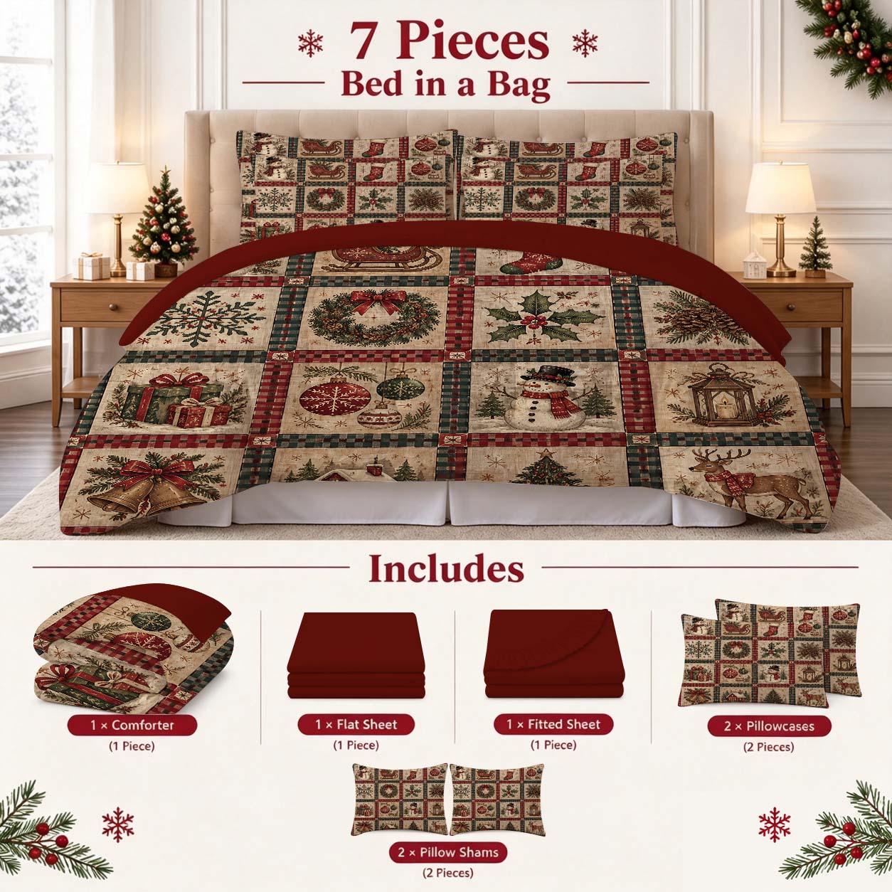7-Piece Vintage Christmas Patchwork Comforter Set