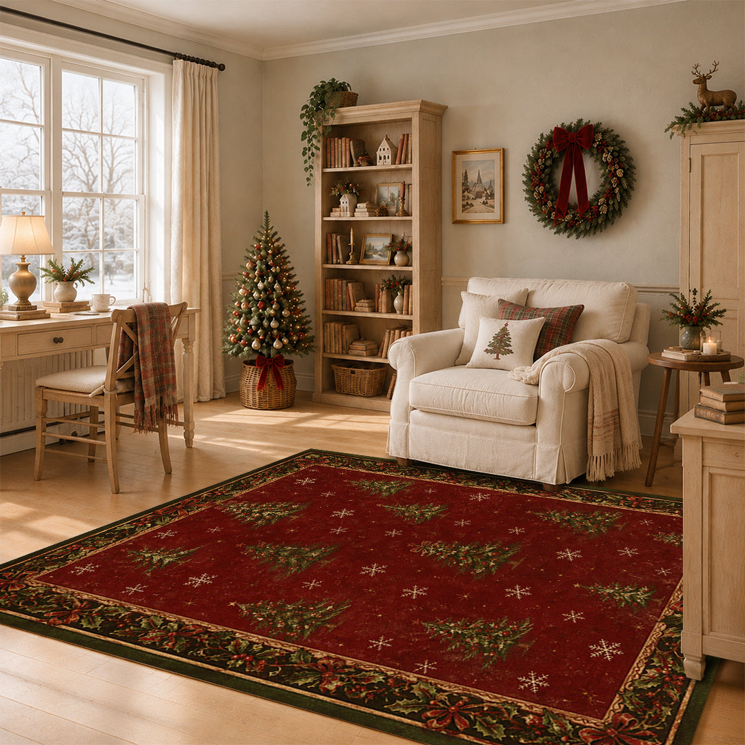 Vintage Christmas Tree Holly Berry Washable Area Rug