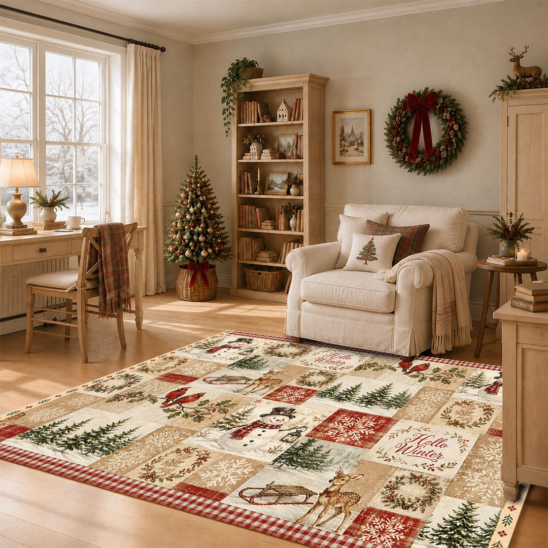 Hello Winter Patchwork Christmas Non‑Slip Washable Area Rug