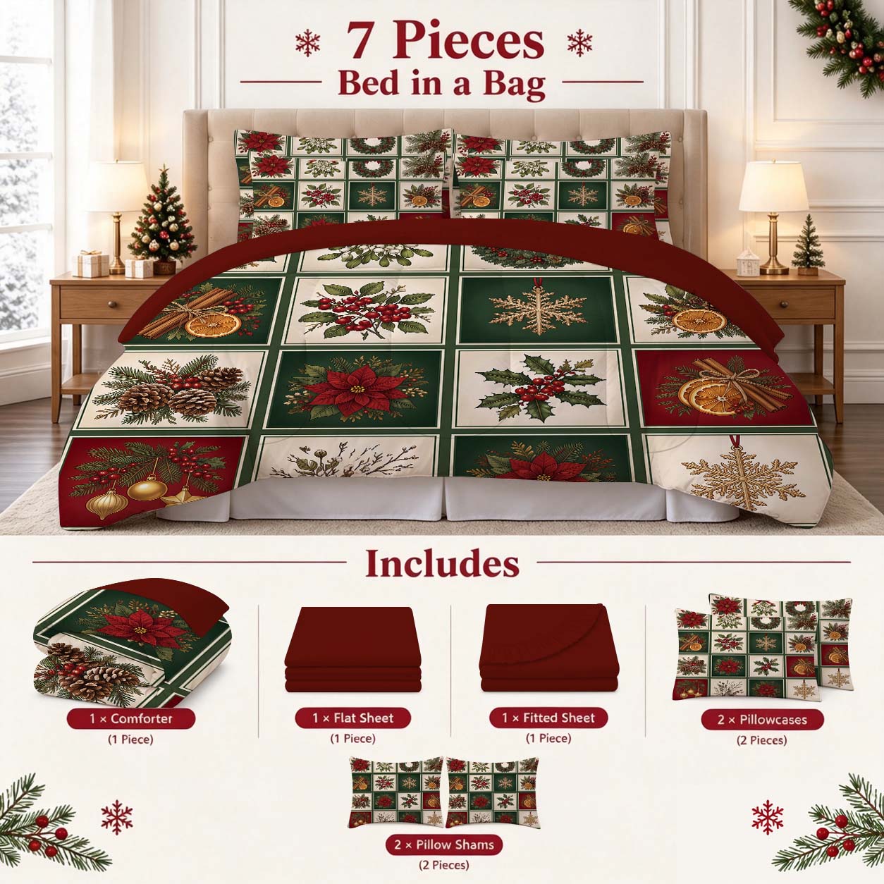 7-Piece Vintage Christmas Patchwork Comforter Set