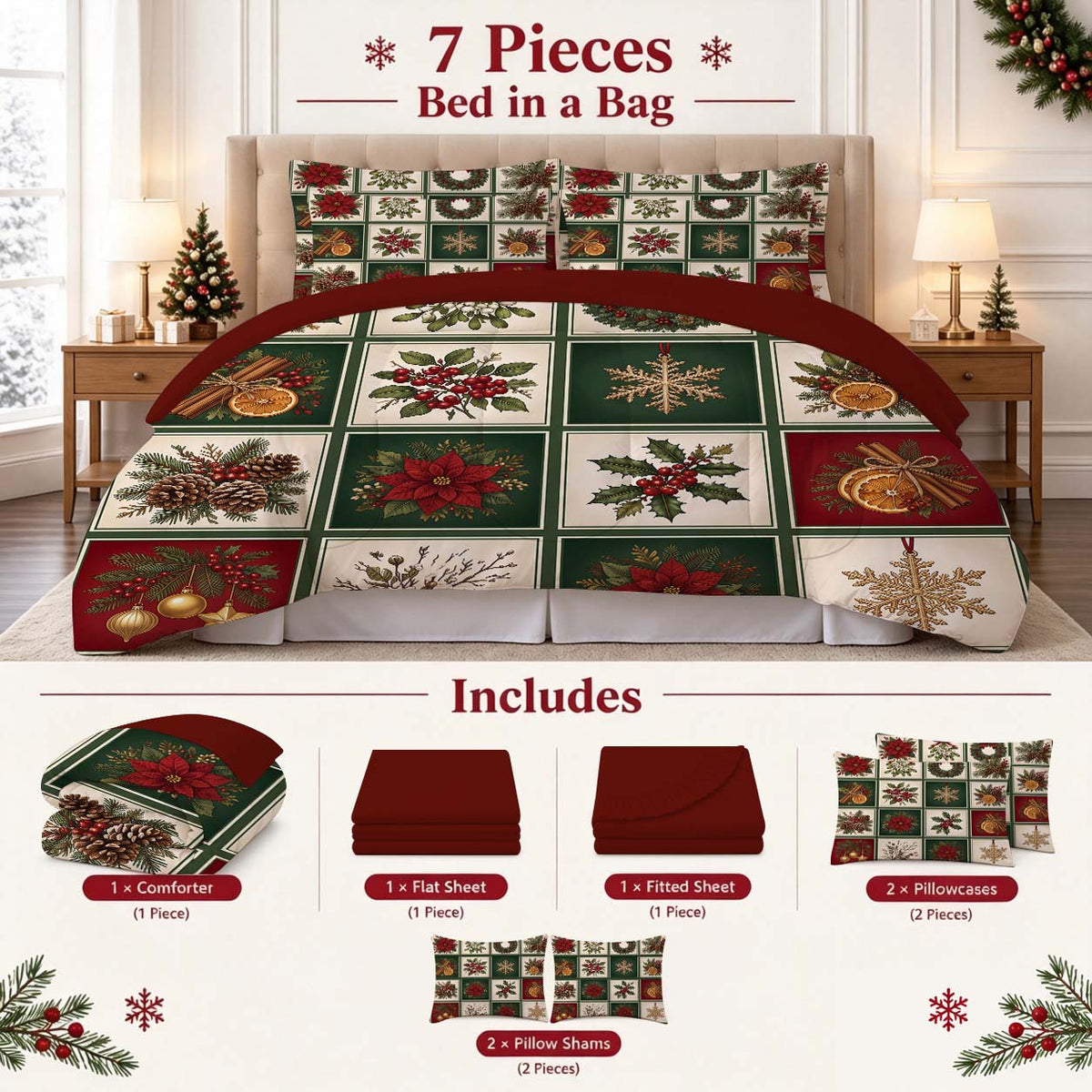7-Piece Vintage Christmas Patchwork Comforter Set
