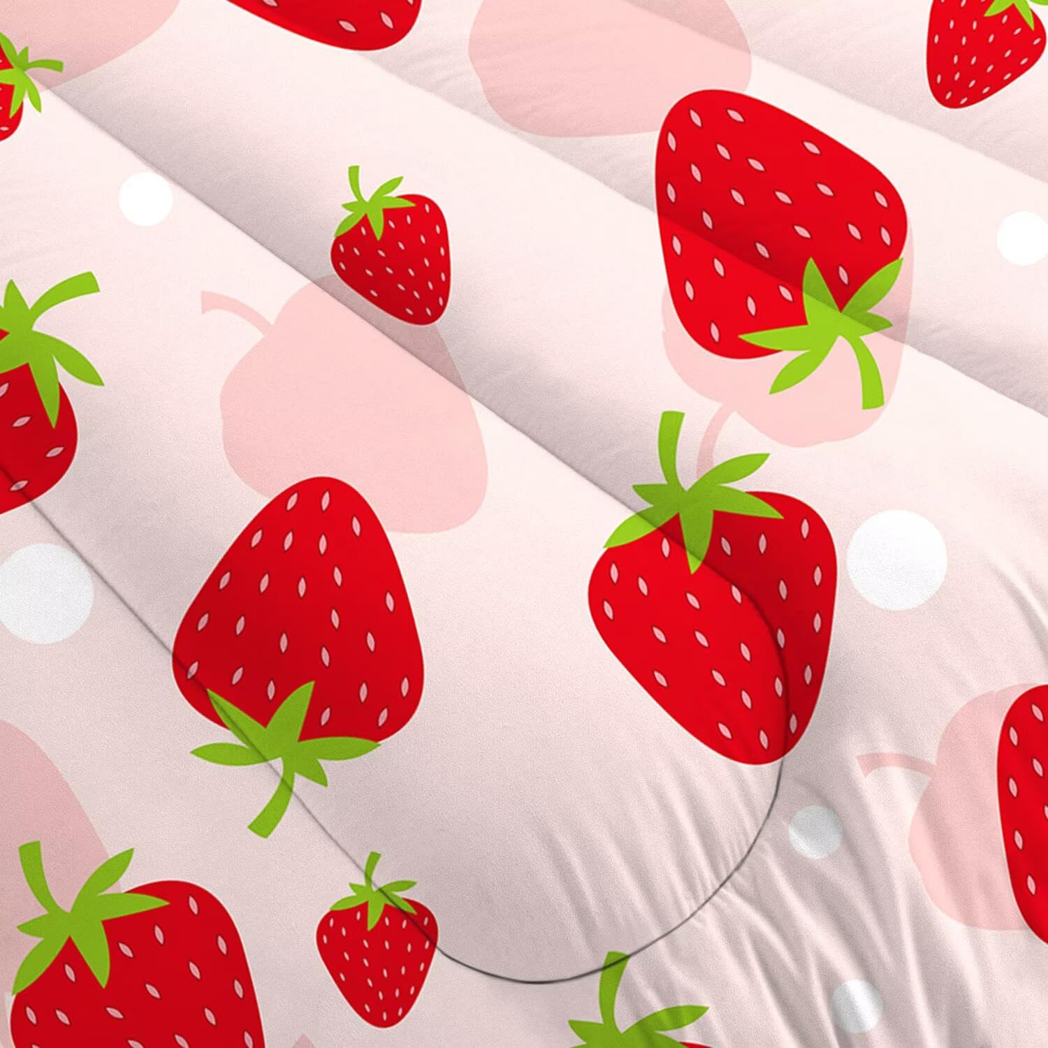 Liveonus Cute Pink Strawberry Print 3 Pieces Soft Lightweight Comforter Bedding Set