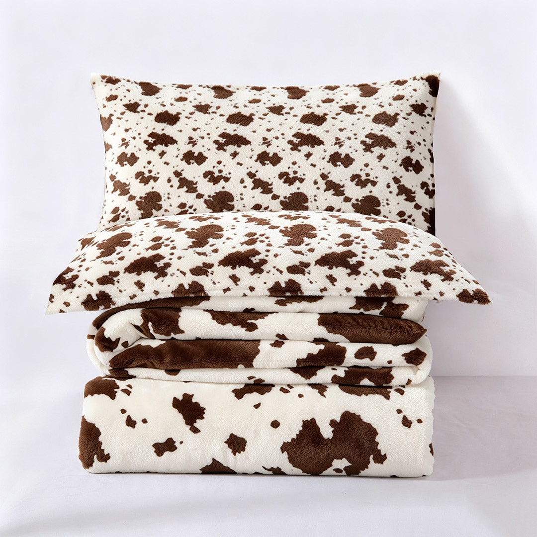3 Piece Soft Cow Print Plush Comforter Set for Fall & Winter