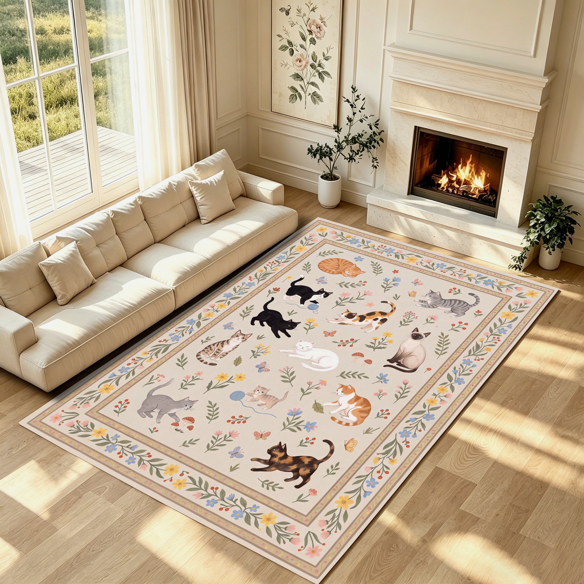 Liveonus Cute Cartoon Cat Floral Washable Area Rug