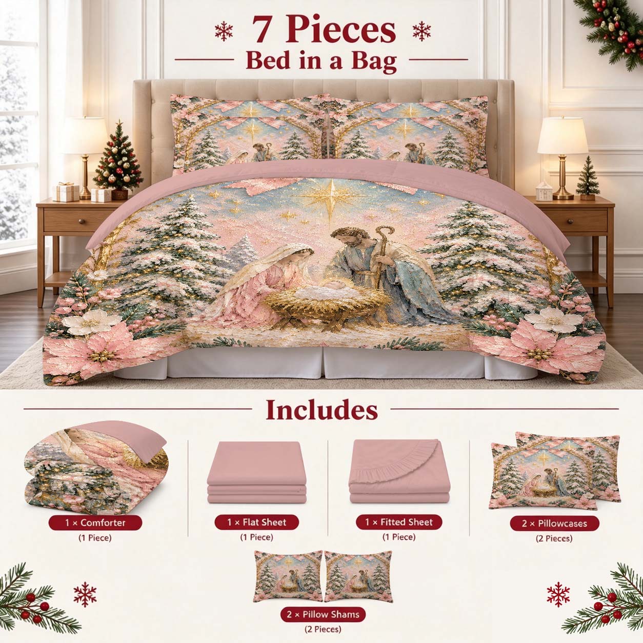 7 Pieces Pink Christmas Nativity Scene Bed in a Bag Bedding Set