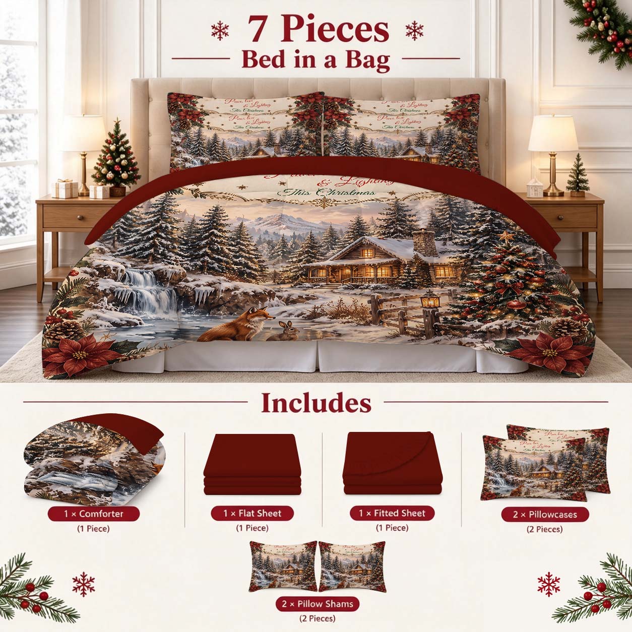 7-Piece Vintage Christmas Cabin Comforter Set