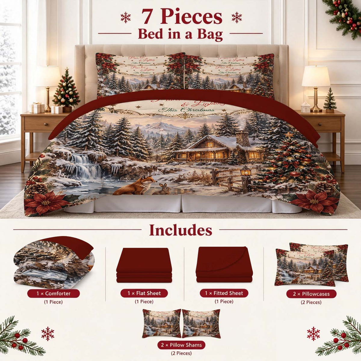 7-Piece Vintage Christmas Cabin Comforter Set