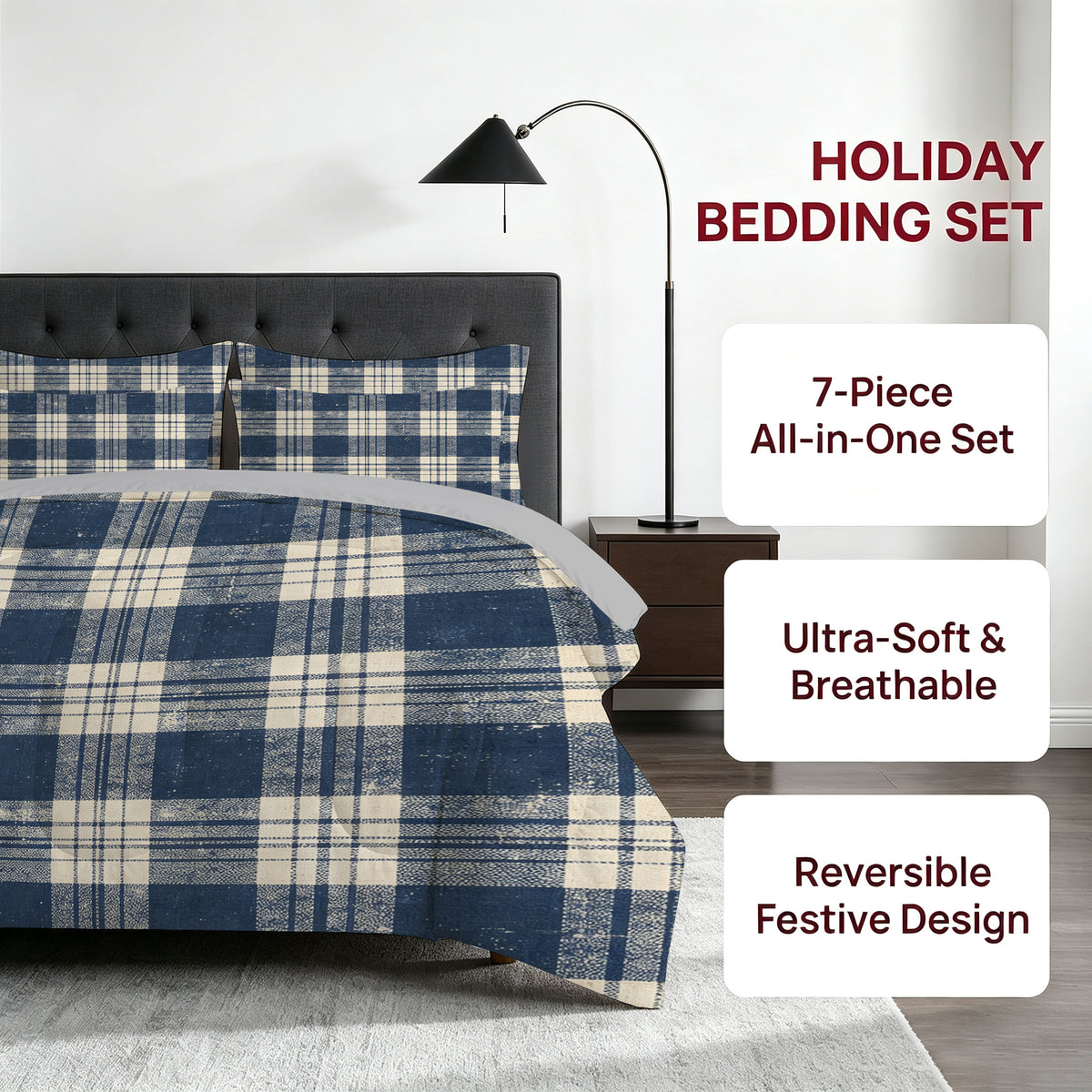 7-Piece Blue Plaid Comforter Set