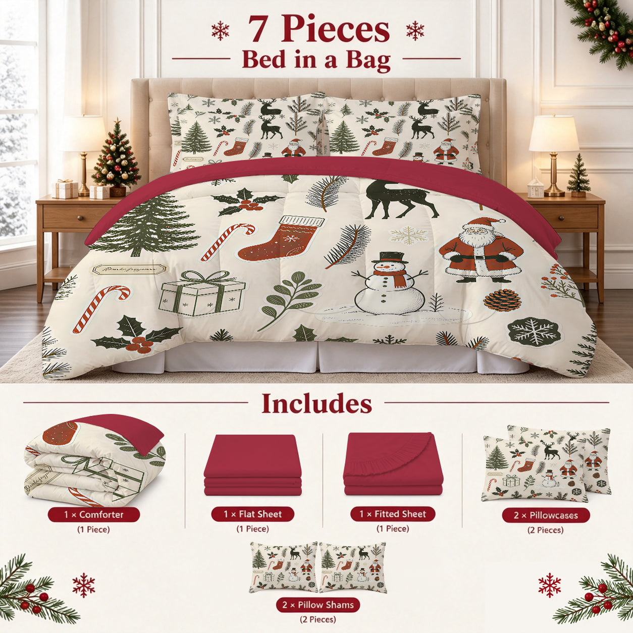 7 Pieces Cute Christmas Soft Lightweight Comforter Set