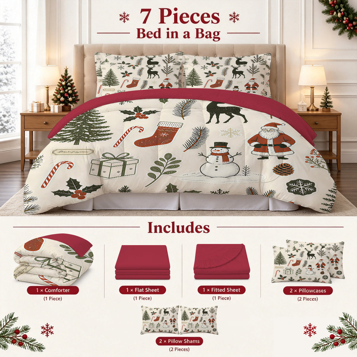 7 Pieces Cute Christmas Soft Lightweight Comforter Set