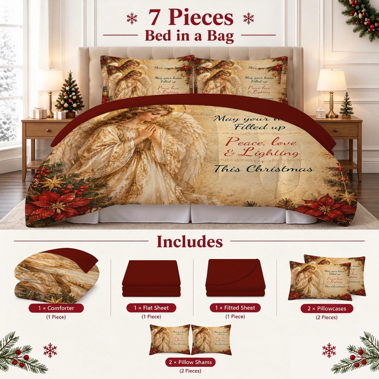 7-Piece Vintage Christmas Angel Comforter Set